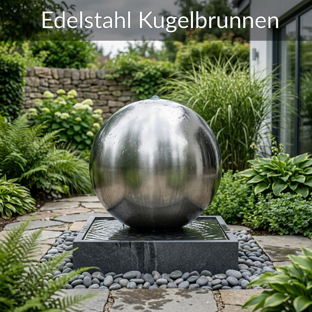 Kugelbrunnen aus matt gebürstetem Edelstahl D: 48 cm – Edelstahlkugel matt für Gartenbrunnen, Wasserspiel Garten, 30 mm Lochbohrung, 1/2 Zoll Schlauchanschluss, Edelstahlbrunnen für DIY Brunnenanlagen