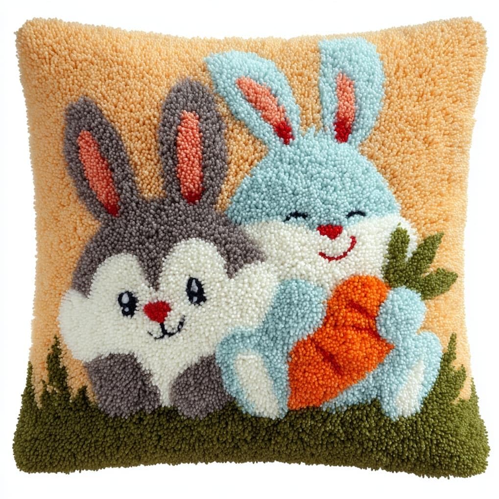 WallustrioaW Latch Hook Pillowcase Cushion Kits,Easter Bunny,Latch Hook kit Cushion Throw Pillow Embroidery Craft for Beginner Hobby & Craft,17x17in