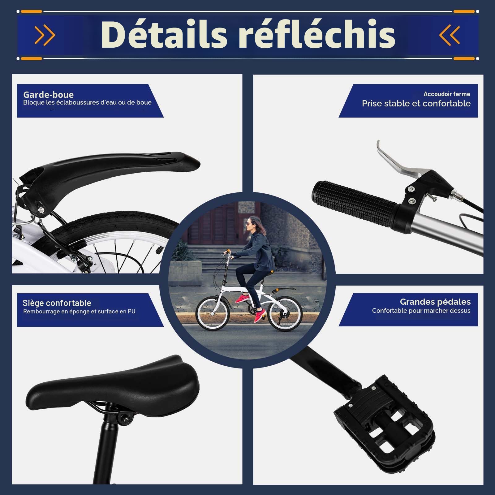 MccoMMon Vélo pliant 20 pouces pour adultes, 6 vitesses réglables, vélo de ville de camping, vélo pliant pour hommes et femmes, vélo de navette pour le plein air, blanc