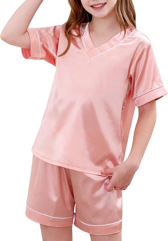 DIPUG Girls Pajamas Set Silky Satin Short Sleeve V Neck Pjs Soft Homewear Sleepwear 6-12 Years