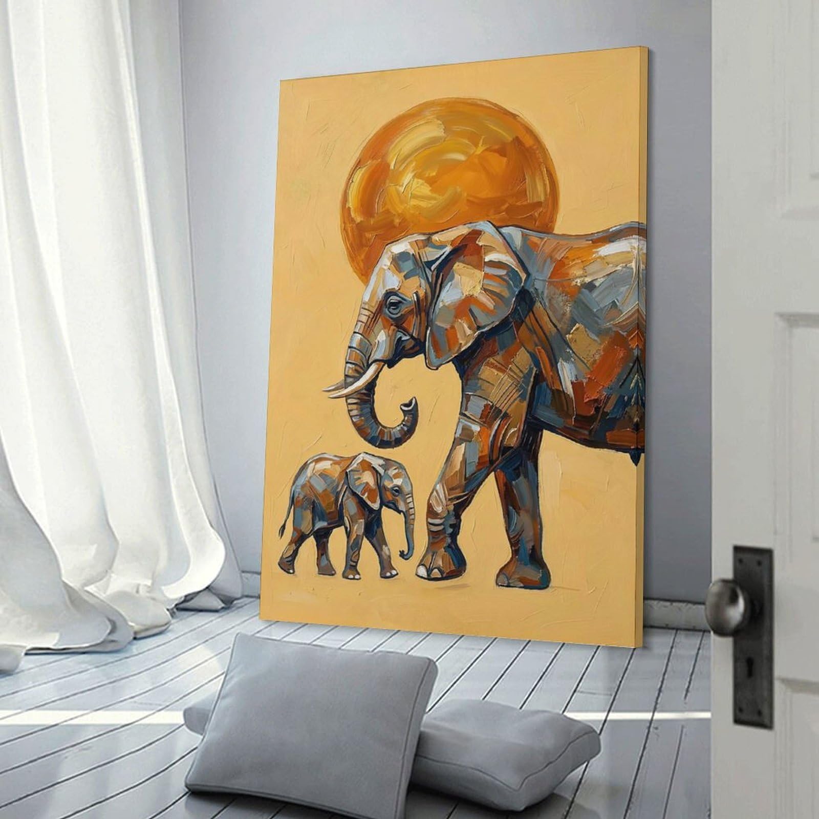 Junmoney Home Decor Wall Art Elephants And Sun Painting, 24x36inch(60x90cm), for Gallery Wall Decor And Room Displays, An Easy Match for Collected Prints
