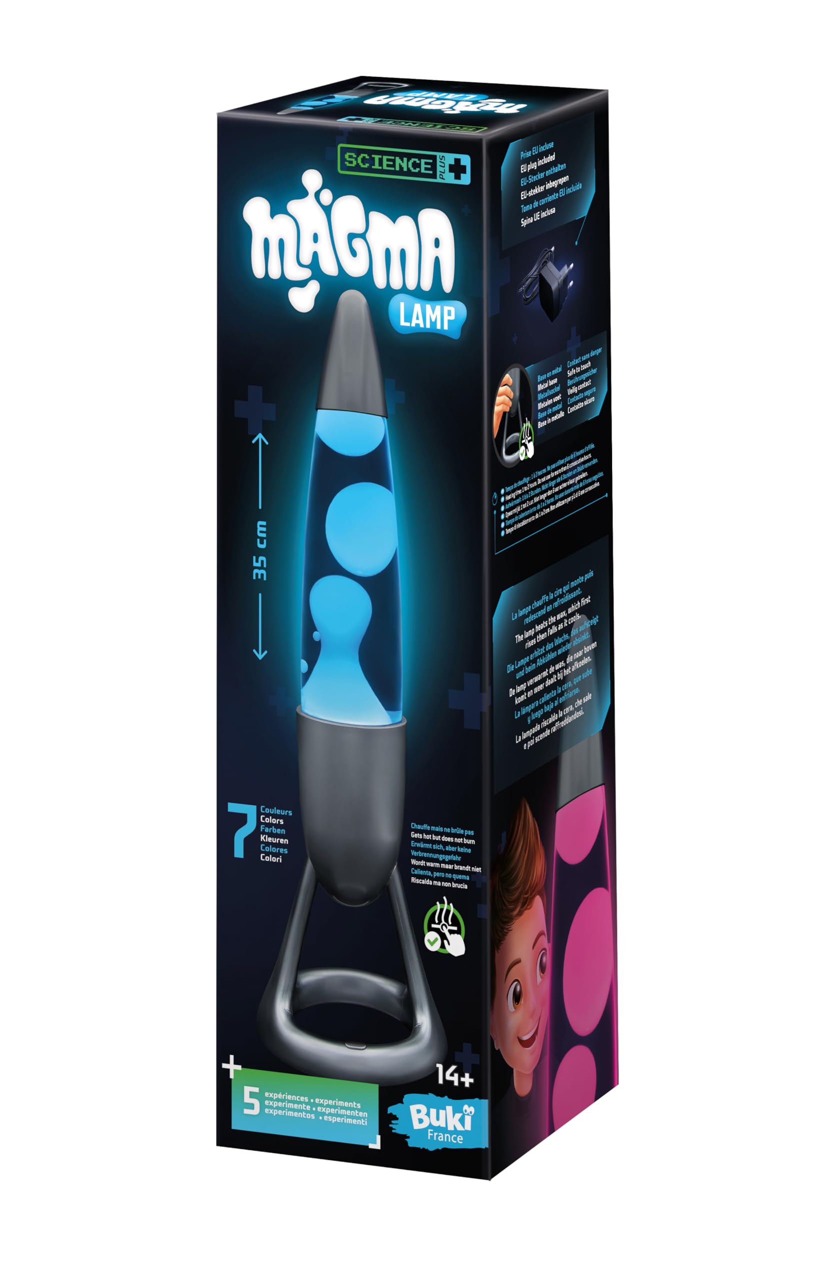 BUKI France - Bezpieczna lampa Magma 35 cm z 7-kolorowym oświetleniem LED - bezpieczna metalowa podstawa - nie pali się - cykl automatyczny, dekoracja pokoju nastrojowego - zasilanie sieciowe - od 14