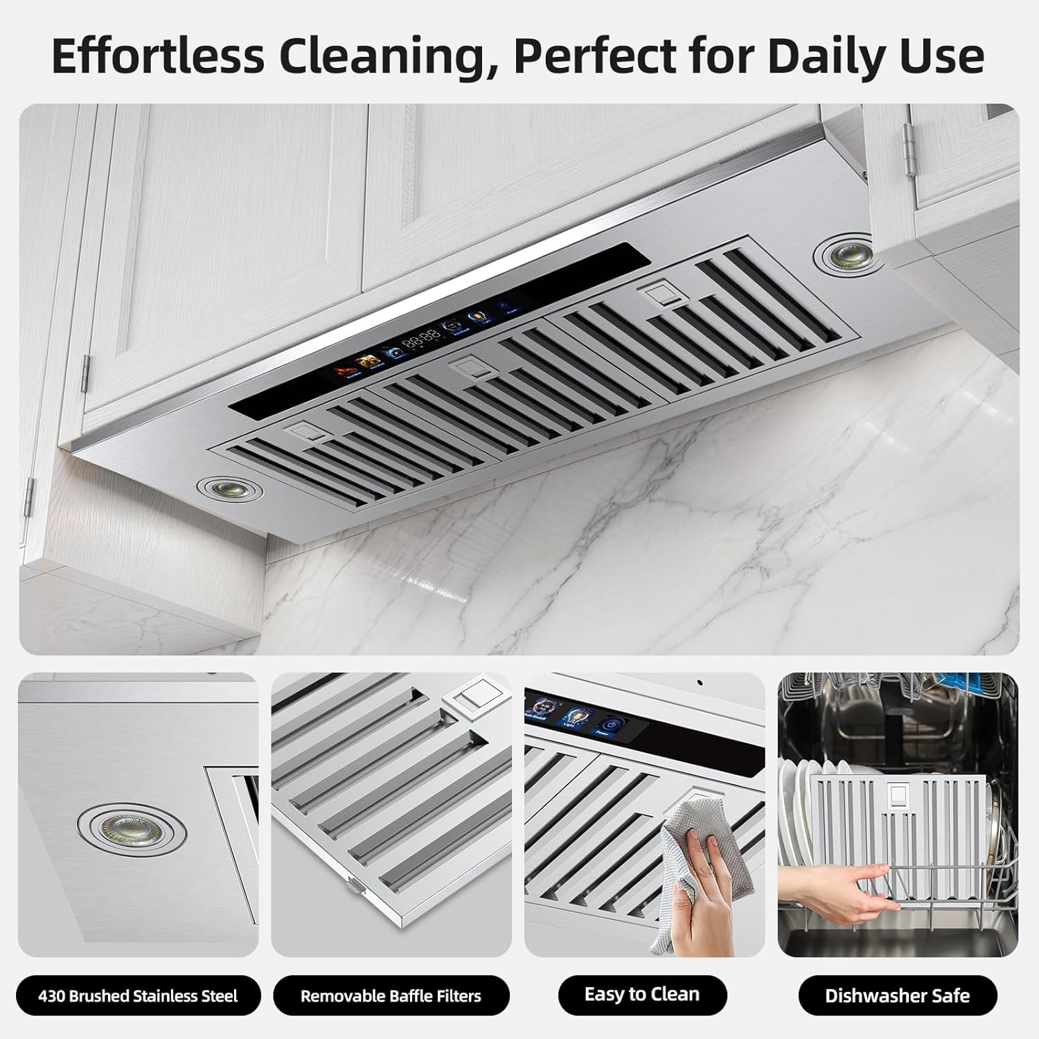 Range Hood Insert 36 inch, 900 CFM Stainless Steel Ductless Convertible Kitchen Hood with App/Voice/Gesture/Touch Control, Adjustable LED Stove Vent Hood for Indoor Cooktop