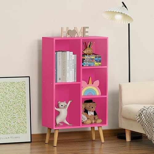Miniatura 2 de LEYAOYAO Estantería de 5 cubos, estantería de 3 niveles con patas, estante rosa para libros para niños, lindo organizador de almacenamiento,