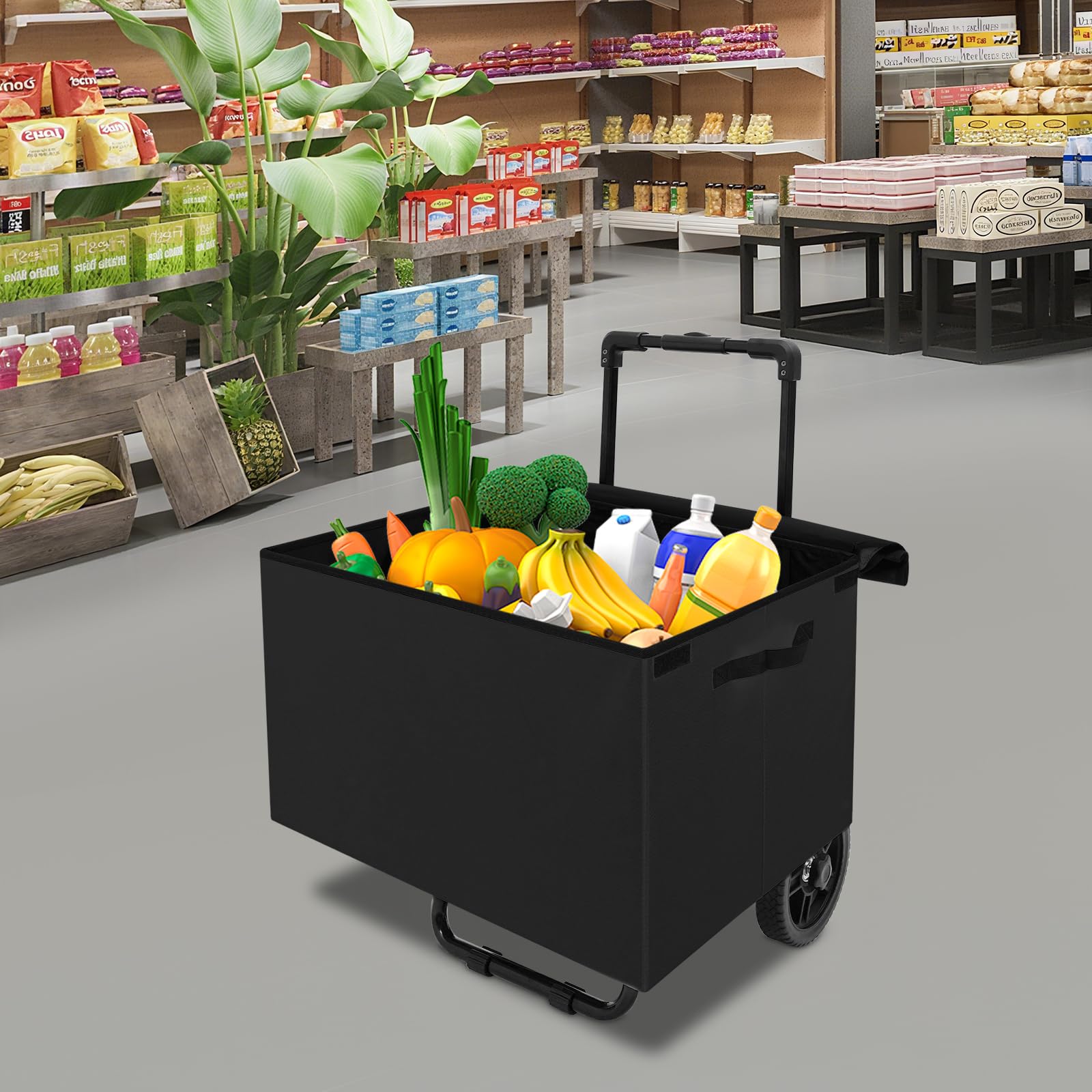 Faltbarer Einkaufswagen mit 64L Tasche aus Oxford-Stoff, robustem Stahlrahmen & 2 Rädern, abnehmbare Einkaufstasche mit Deckel, hoher Tragkraft 80kg, Trolley für Einkauf & Reisen (Schwarz)