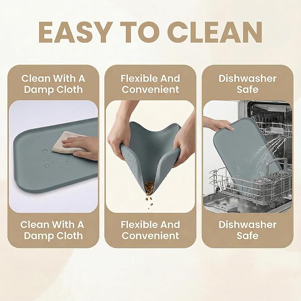 BLESWIN Tappetino impermeabile in silicone per alimentazione animali domestici con bordi rialzati, tappetino per ciotola gatto facile da pulire (Grigio, 60×40 cm) - 5