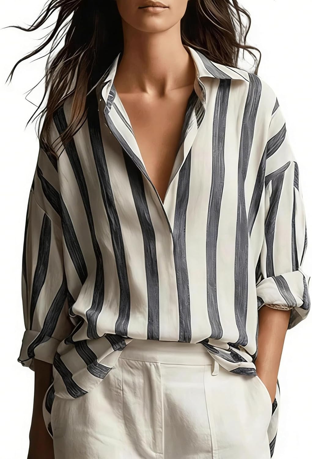 Womens Button Down Shirts Striped Long Sleeve Blouse V Neck Collared Business Casual Work Tops Boho Beach Outfits