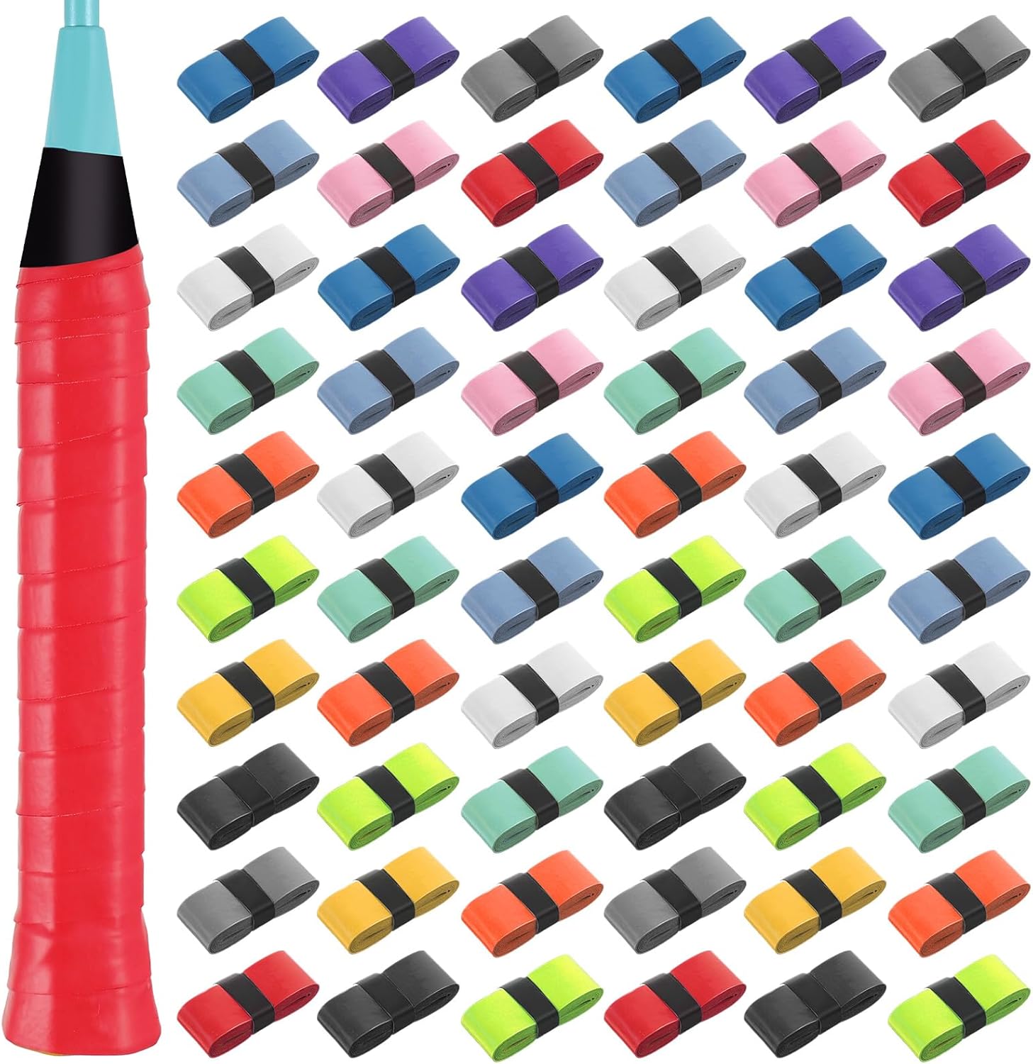 60 Pcs Tennis Racket Grip Tape, 12 Colors Badminton Racket Grip Tape, Premium PU Overgrips for Anti-Slip & Sweat Absorption, Precut Handle Wrap for Tennis, Badminton, Squash, Pickleball