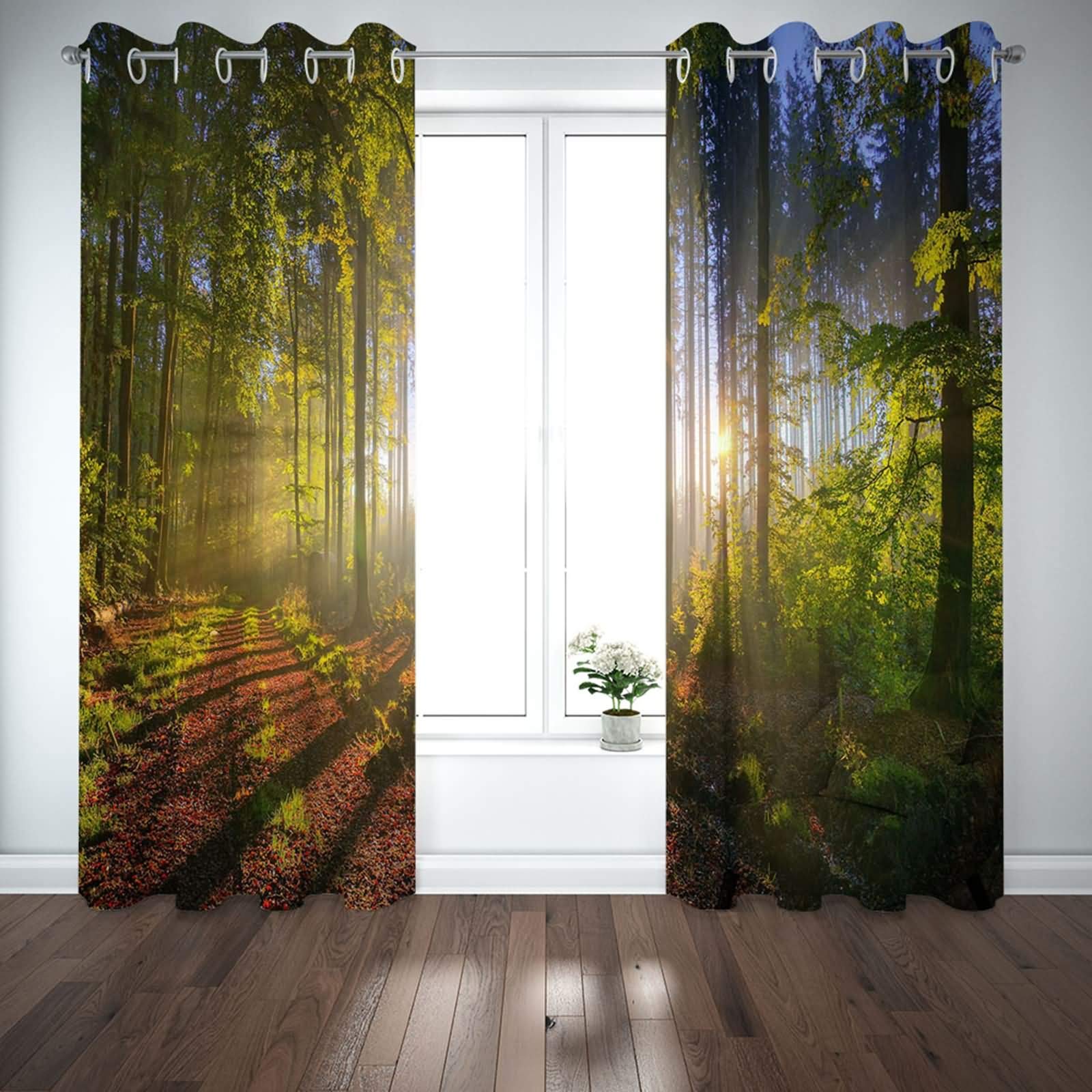 Zasłona do sypialni z poliestru, długość z oczkami, zestaw 2 sztuk, las, nieprzejrzysta, nowoczesna, 214 x 138 cm