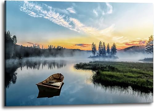 Vista 13 de Arte de lienzo de lago para decoración de pared: Escena de naturaleza con cuadro enmarcado, impresión de paisaje, gran puesta de sol, obra de arte