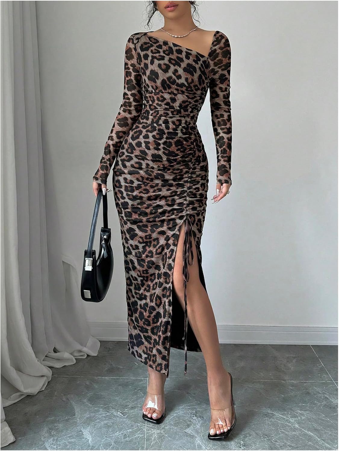 GORGLITTER Women's Maxi Leopard Long Sleeve Birthday Dress Wedding Guest Ruched Holiday Night Out Split Dresses - Image 5