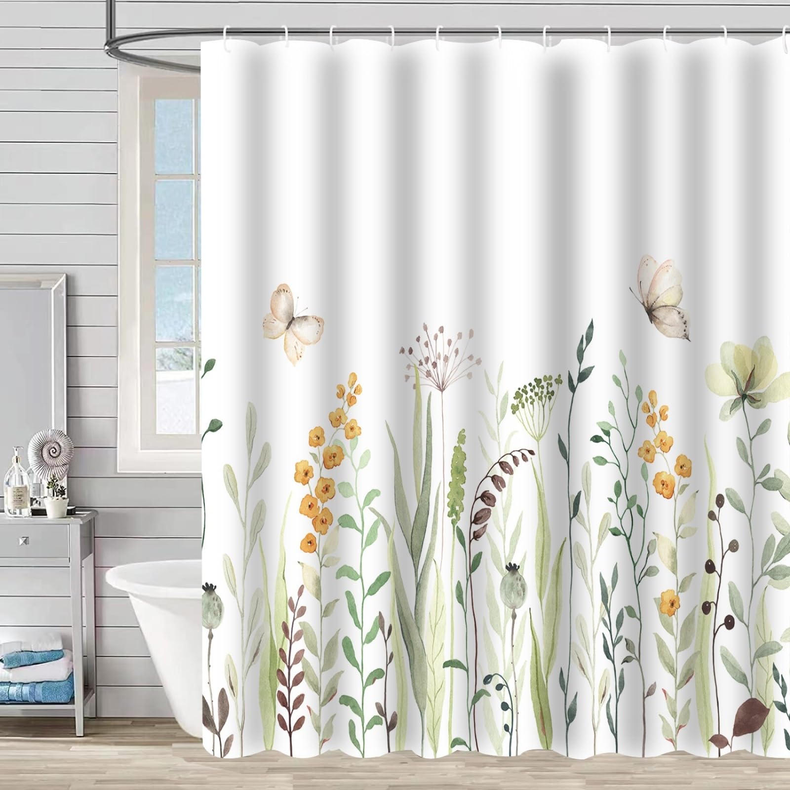 Shower Curtains Green Leaf Butterfly Wet Room Shower Curtain Mould Proof Resistant Waterproof Polyster Fabric Washable with 12 Hooks Garden Bathroom Curtains (180x180cm)