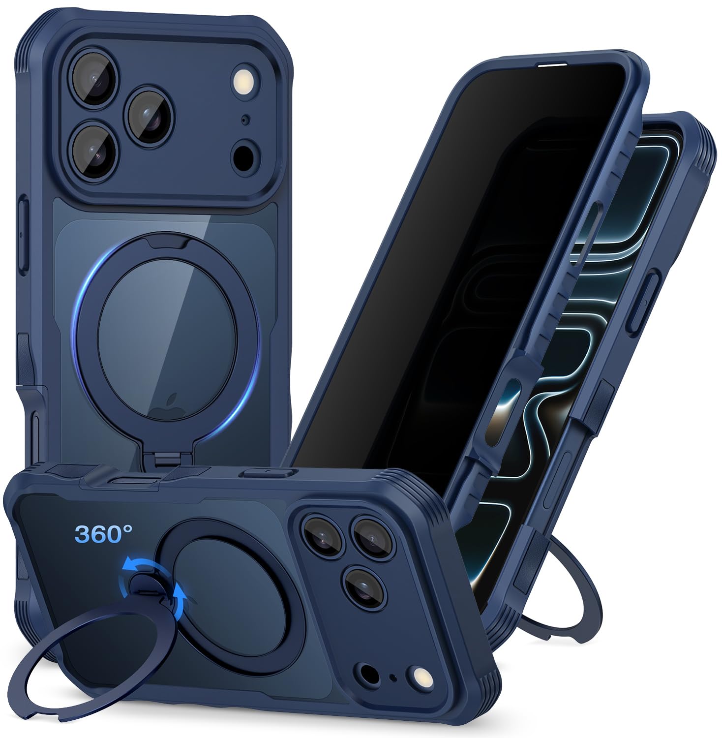Photo 1 of CENHUFO Privacy for iPhone 17 Pro Max Case, Compatible with Magsafe Full Body Phone Case Built-in 9H Tempered Glass Privacy Screen Protector and 360° Spin Magnetic Stand Ring Camera Lens Cover - Blue