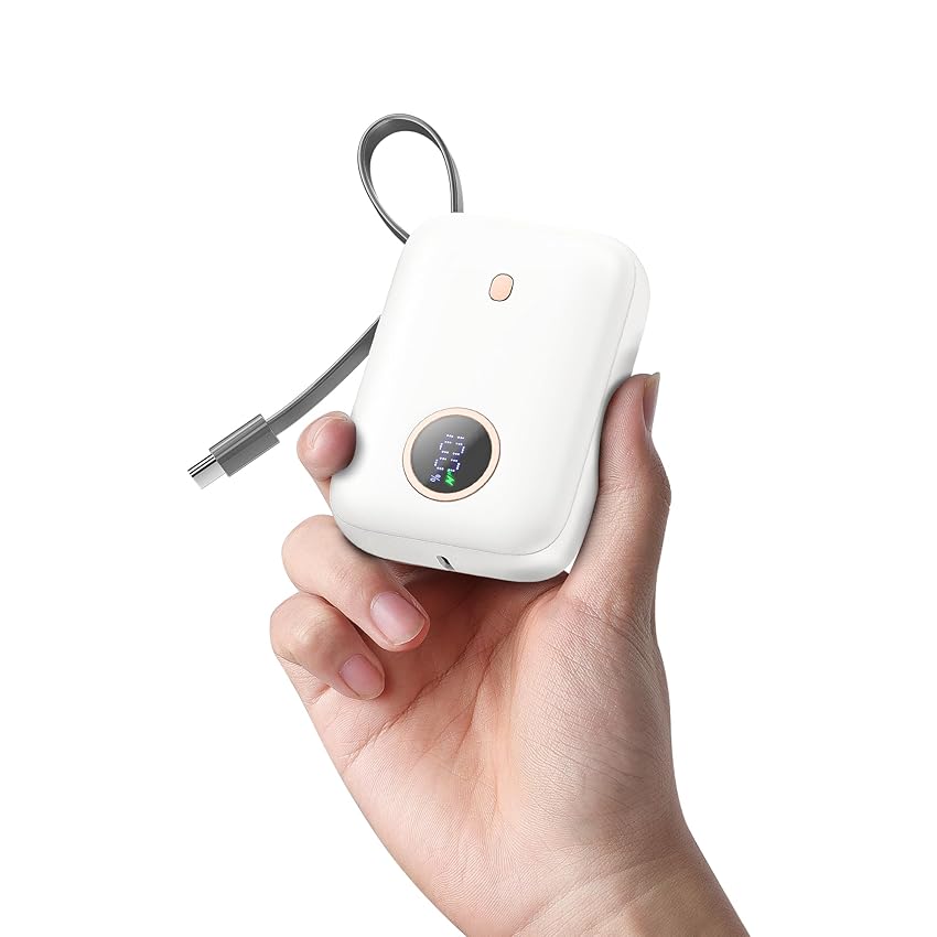 Power Bank 10000mAh 22.5W, Mini Caricatore Portatile con Ricarica Rapida, Batteria Portatile con Display LED e Cavo USB-C Integrato, Powerbank USB-C Compatibile con iPhone 15/16/17Android Bianco