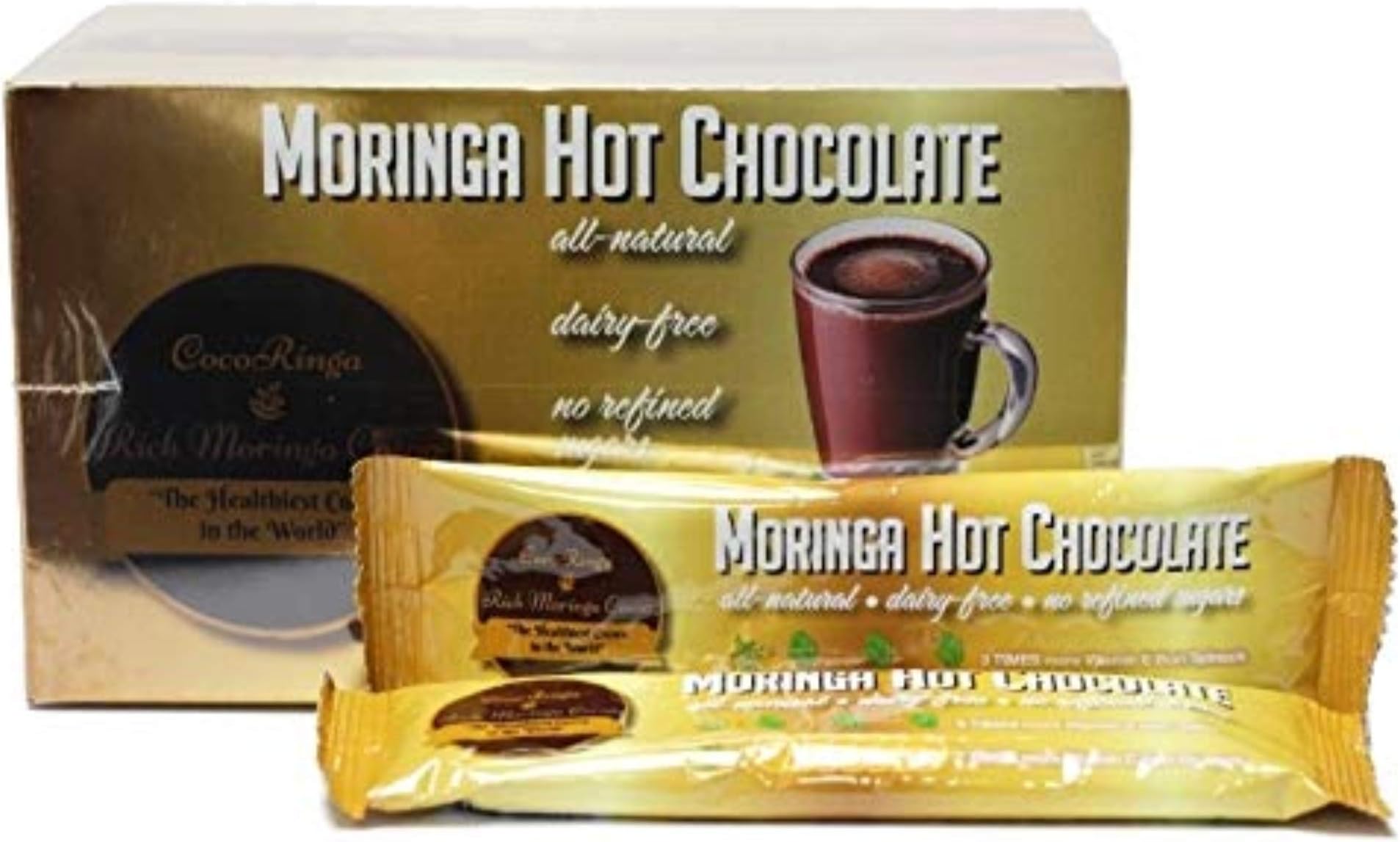 COCORINGA Moringa Hot Chocolate Cacao (LARGE box) First Natural Keto Non-dairy Hot Cocoa, Caffeine Free, Low Carb, High Protein, Sugar Free,