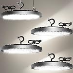160W paquet de 4 UFO Lumière de haute baie LED Lumières de magasin, 25000LM Lumières de garage, 6500K Lumières de barrage, Lumière industrielle w/ 6.6ft Cord d'alimentation de prise, IP65 Lampe de travail étanche pour atelier d'entrepôt Gym Factory