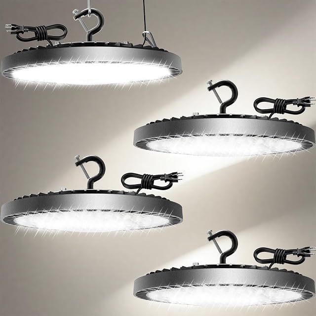 160W paquet de 4 UFO Lumière de haute baie LED Lumières de magasin, 25000LM Lumières de garage, 6500K Lumières de barrage, Lumière industrielle w/ 6.6ft Cord d'alimentation de prise, IP65 Lampe de travail étanche pour atelier d'entrepôt Gym Factory