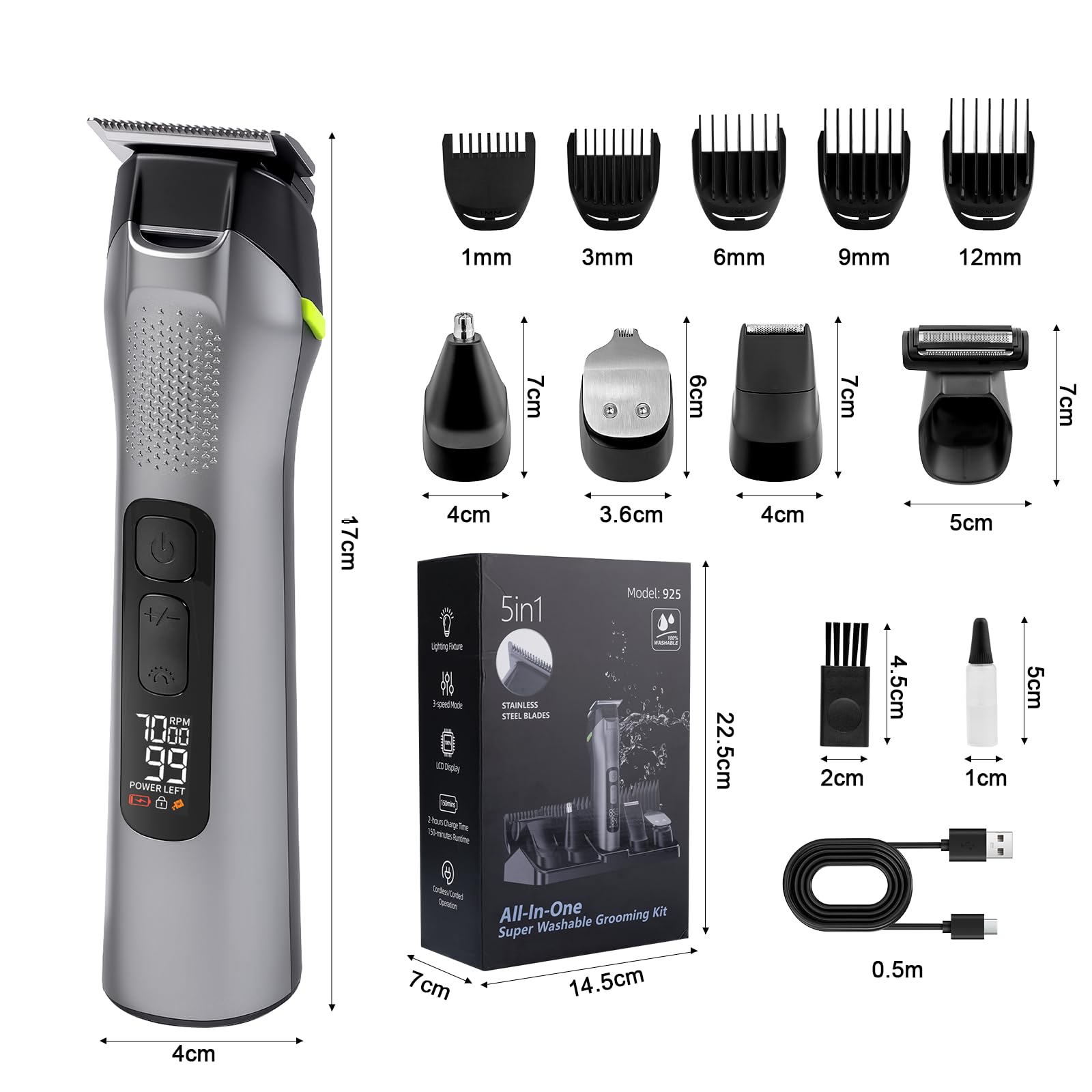 Carehabi Tondeuse Cheveux et Barbe 5 en 1 pour Hommes - Tondeuse Nasale Sans Fil, Multifonction pour Visage, Tête et Corps, Étanche IPX7, Kit de Grooming Homme (Cadeau pour Hommes)