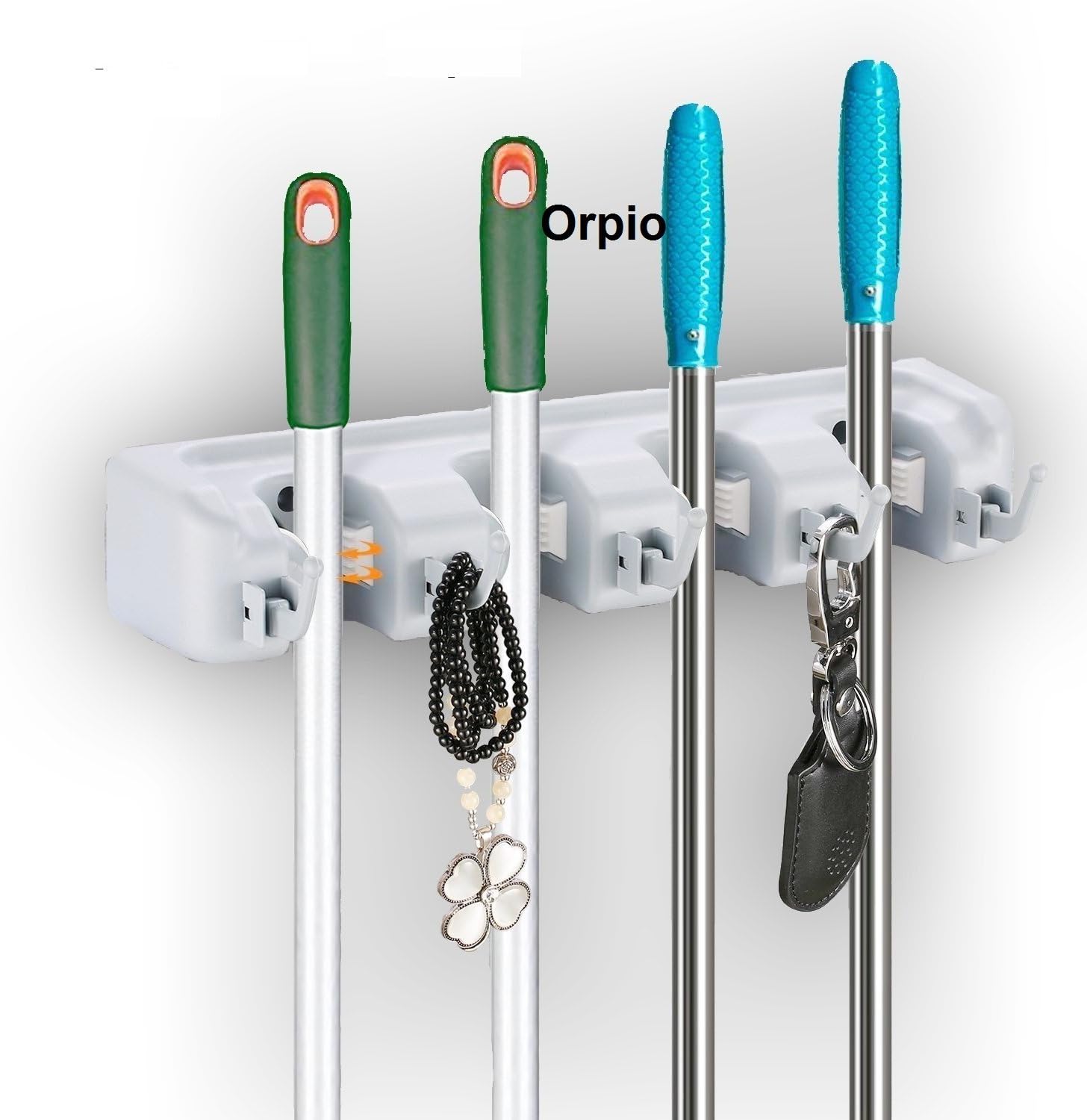 Orpio (Lable) Plastic Mop and Broom Holder, Multipurpose Wall Mounted Organizer Storage Hooks, Ideal Broom Hanger for Kitchen Garden and Garage (4 Position 5 Hooks) (Grey)