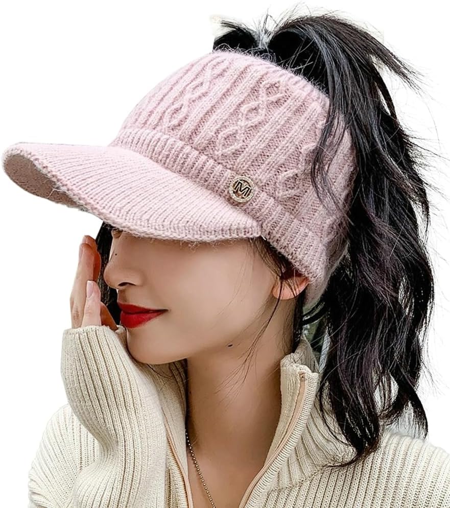 Epsion Knit Beanie Hat for Women High Bun Ponytail Skull Cap Stretch Winter Chunky Warm Visor Brim Crochet Hats
