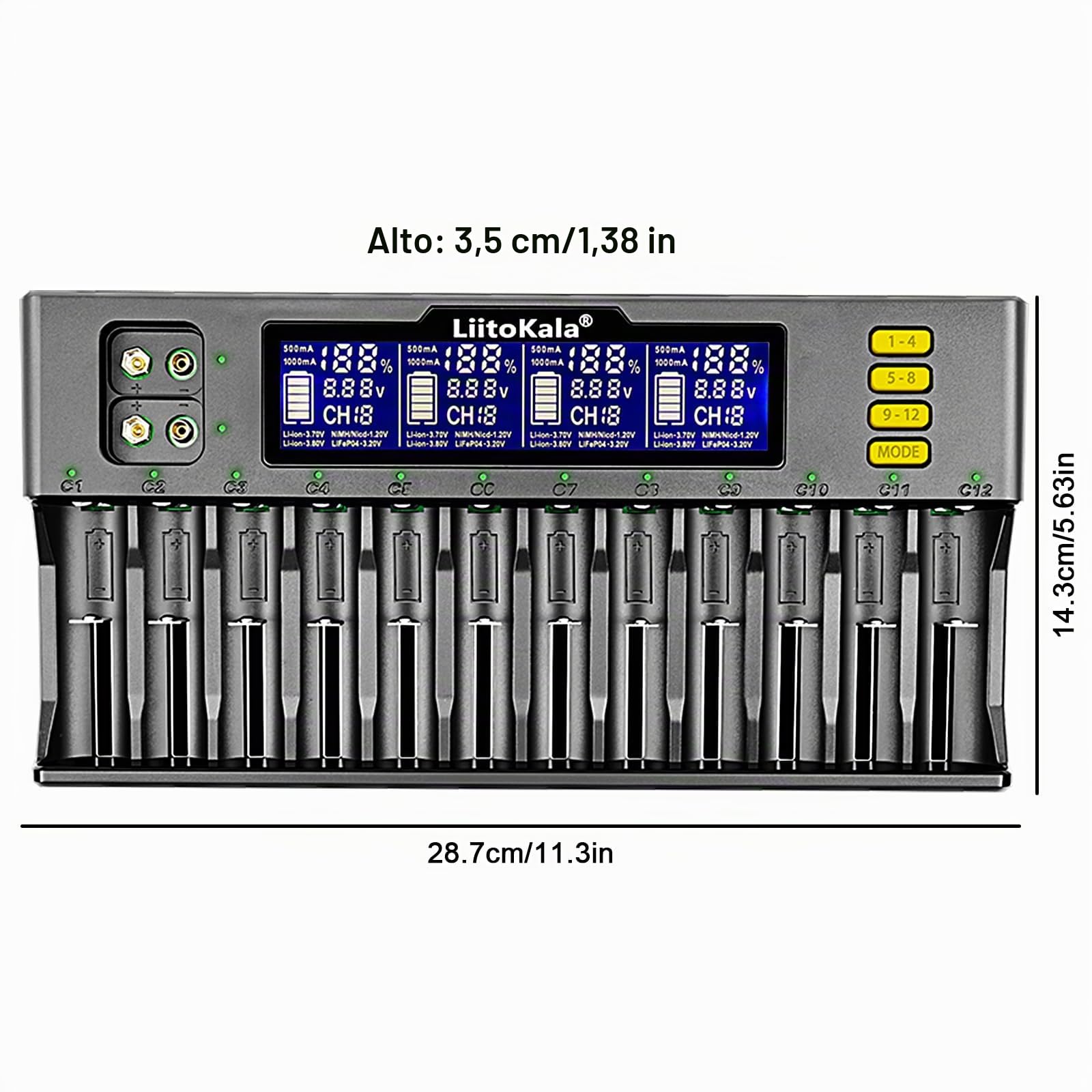 LiitoKala Lii-S12 18650 12 bahías Pantalla LCD Cargador de batería Universal rápido e Inteligente, para Li-Ion(IMR/ICR) LiFePO4 Ni-MH/CD 18650 21700 26650 18350 14500 RCR123 9V Baterías AA AAA C