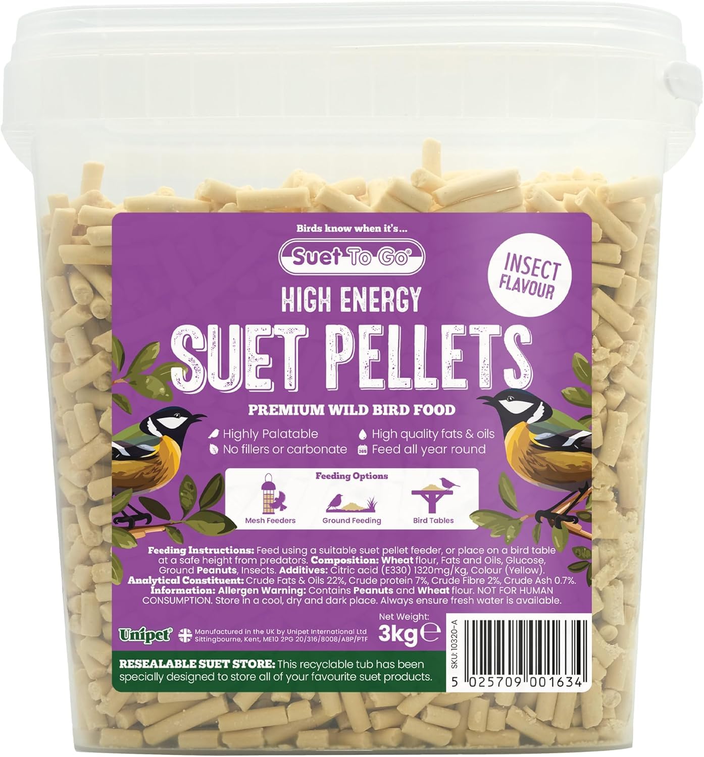Unipet International Suet To Go High Energy Insect Pellets For Birds - 3Kg