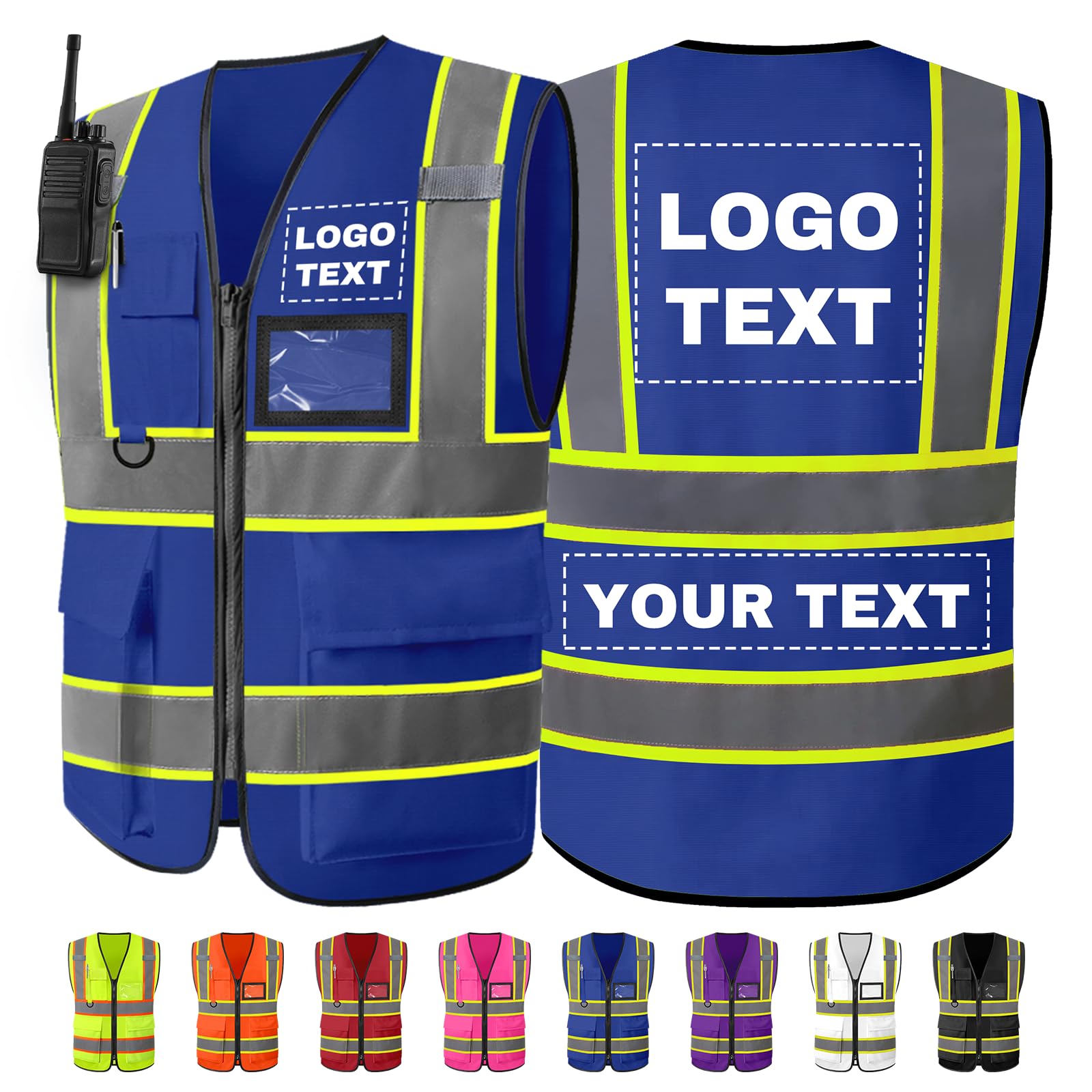 Personalised Safety Vest with Logo/Text Bulk Customised Reflective High Visibility Vest with 7 Pockets 2 Tone Workwear Vest Blue 3X-Large — image 1