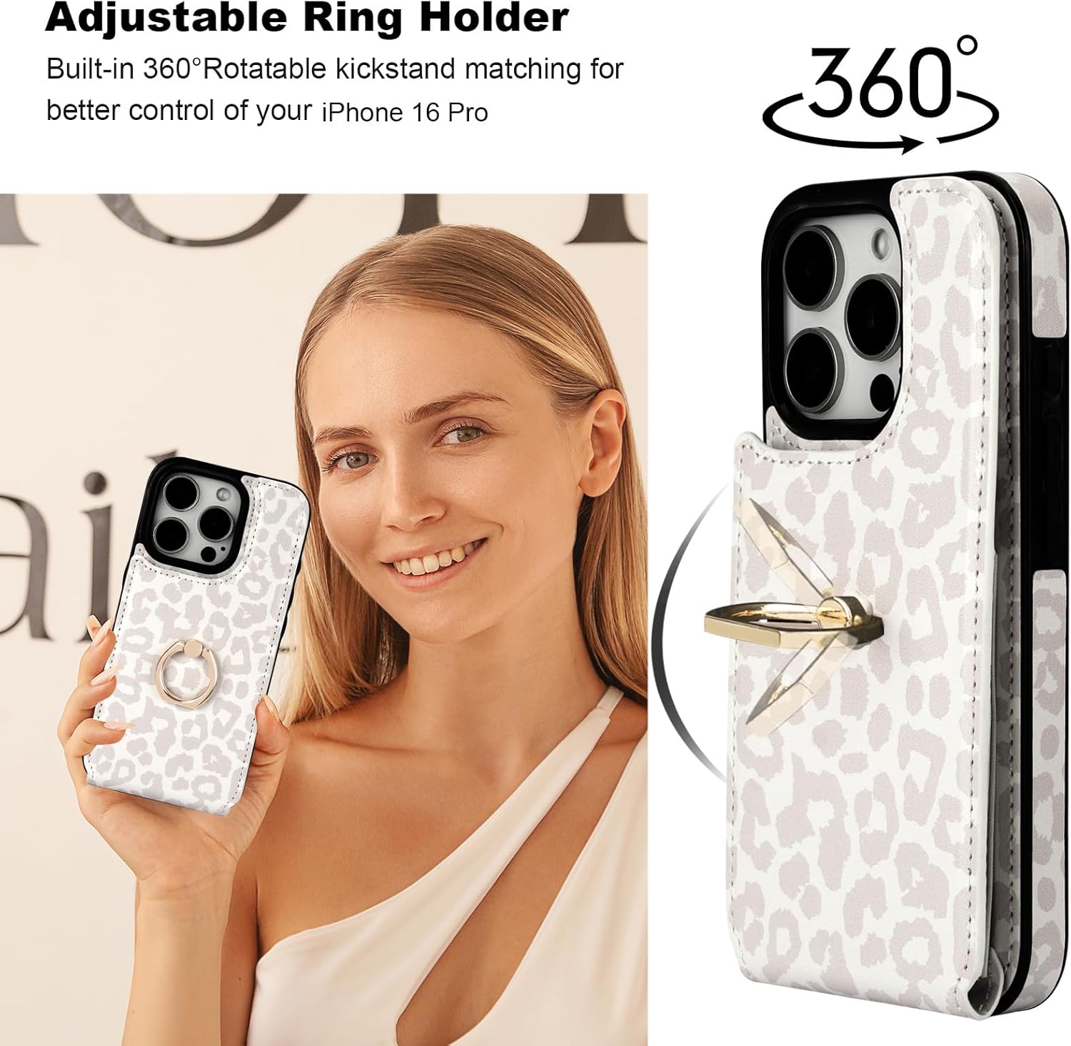 HAOPINSH for iPhone 16 Pro Wallet Case with Card Holder, 360°Rotation Ring Kickstand, White Leopard Pattern, RFID Blocking Leather for Girls Women, Double Buttons Protective Cover 6.3"