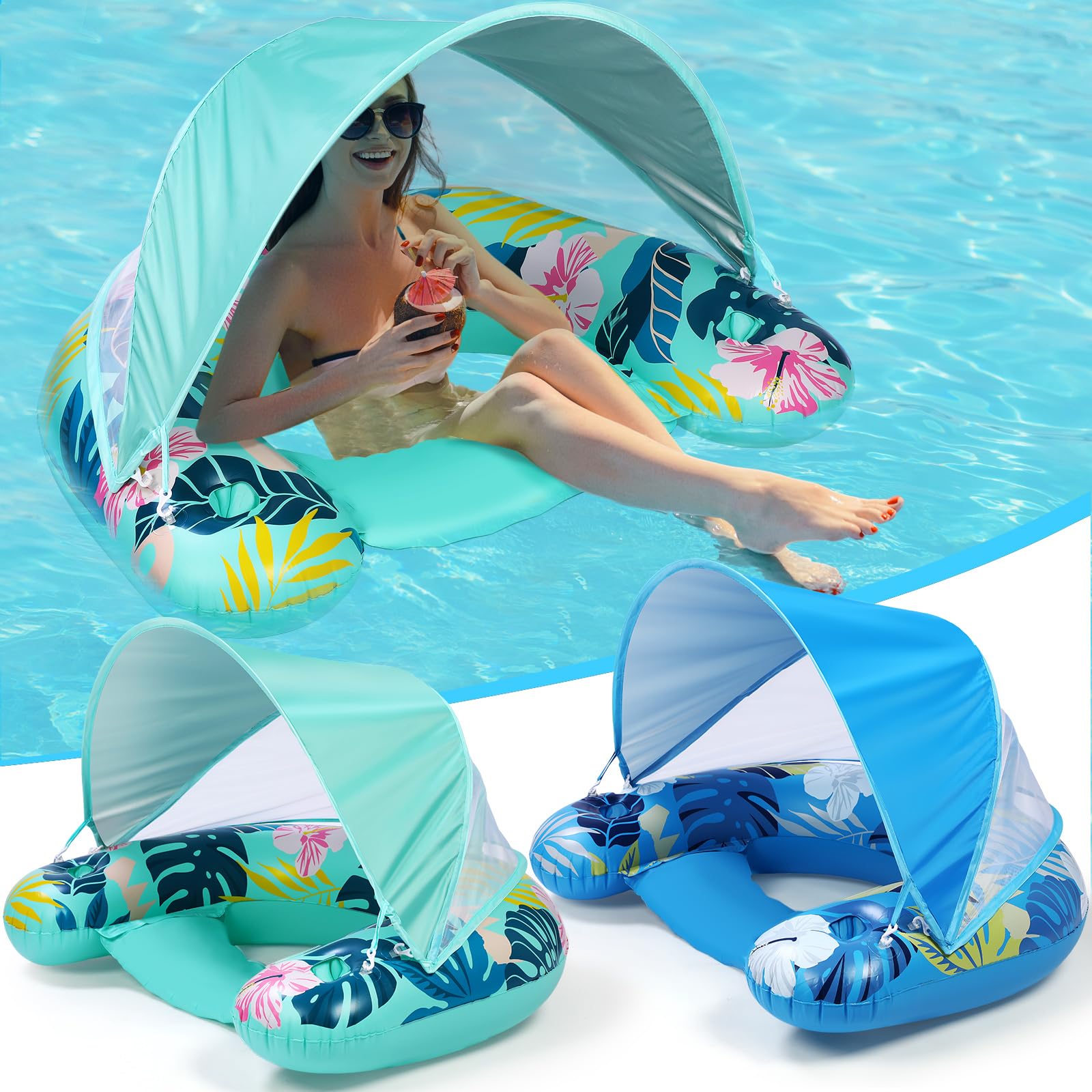 2 Pack Adults Floaties Extra Large Inflatable Float with Shade Pool Floats Chair with Adjustable Canopy and Cup Holder Giant Pool Lounge Floating for Adults Summer Beach Pool Supplies