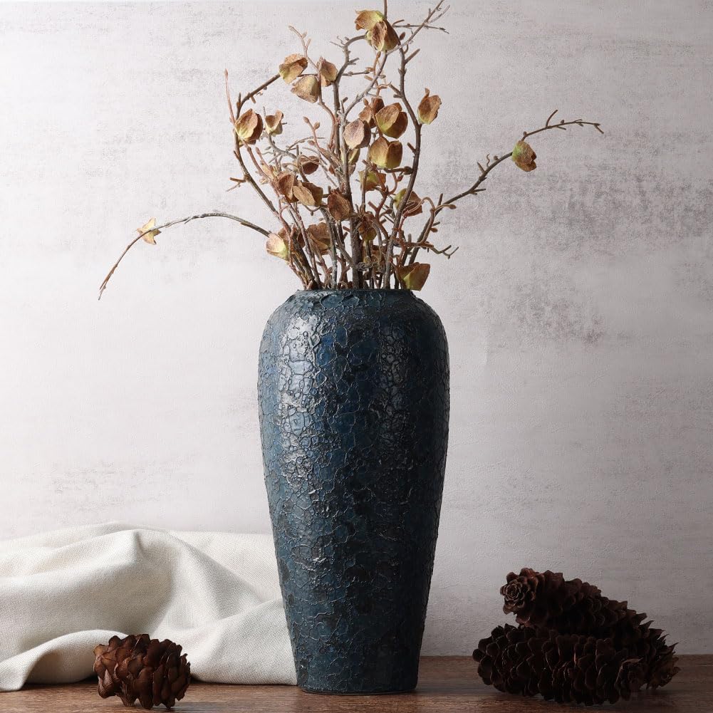 13" Tall Blue Ceramic Vase - Rustic Pottery Accent for Centerpieces, Decorative Flower Container for Living Room, Table, Kitchen, Office or Entryway, Modern Large Home Decor Piece - Image 4
