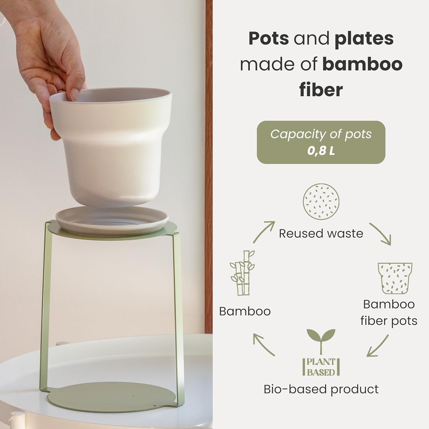 Vigar Urban Garden Planter with Stand, 2 Set-Gray Flower Pots, Green Metal Plant Stand and Plant Saucer, Outdoor Plant Pots or Planters for Indoor Plants