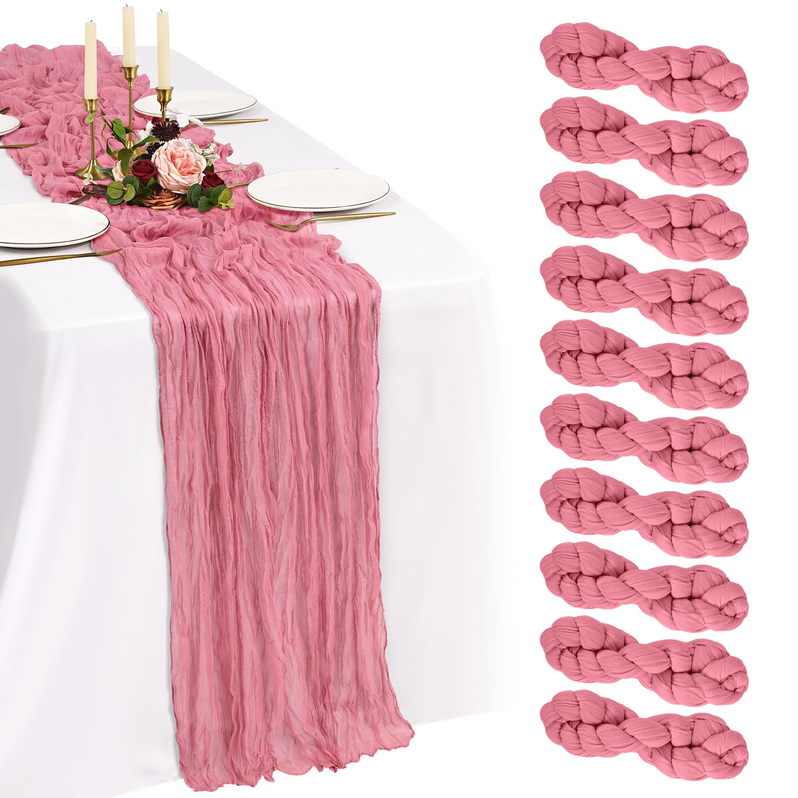 Showgeous Dusty Rose Cheesecloth Table Runner 90x300cm, Boho Gauze,10 Pack