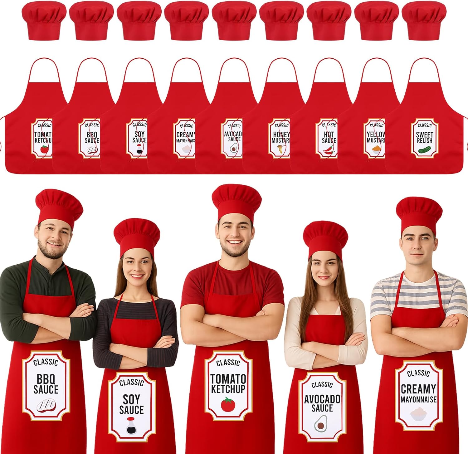 9 Set Halloween Group Costume for Adult Red Condiments Food Apron with Chef Hats Ketchup and Mustard Spice Condiments Matching Costume Apron for Adults Family Cosplay Cooking Party