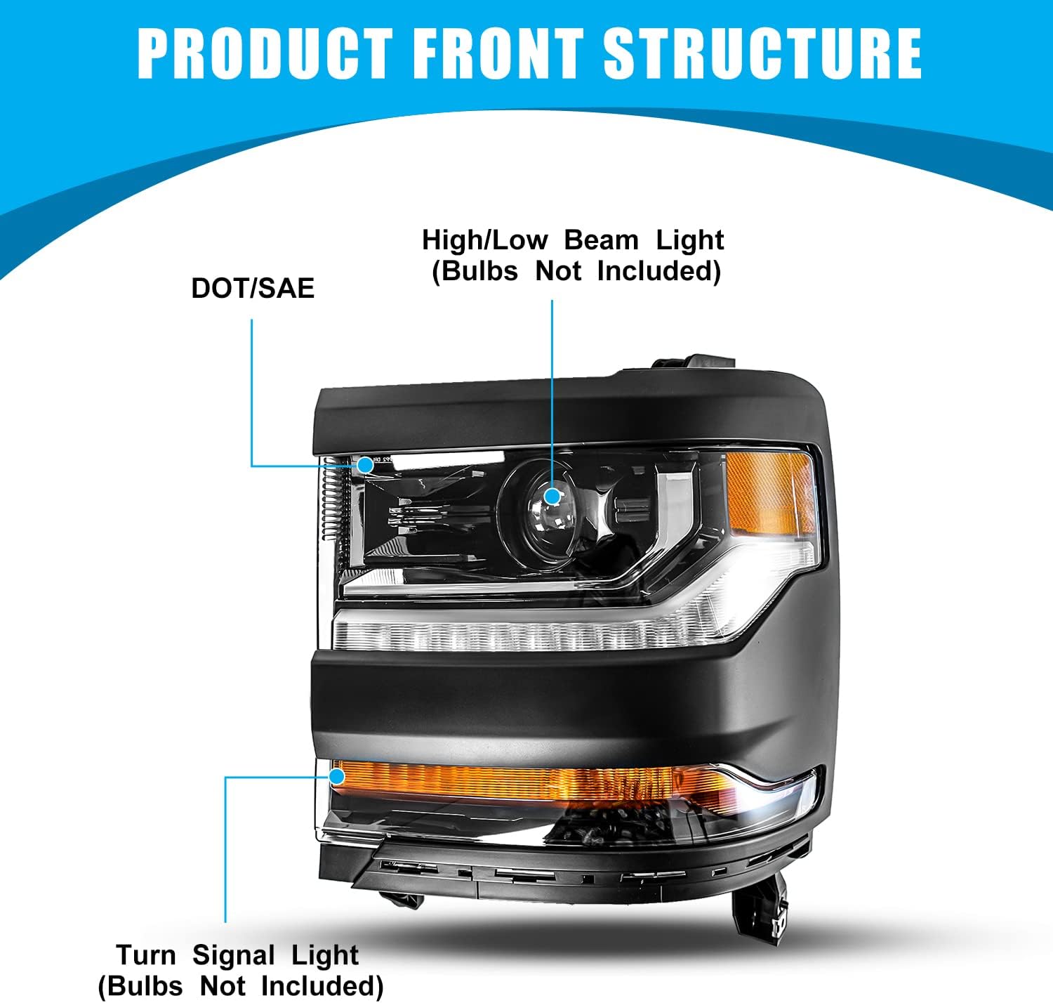CPW Headlights Compatible with [2016 2017 2018 2019 Chevy Silverado 1500] LED DRL Turn Signal Lights Projector Dual Beam Headlamps (Black) - Driver Side Only