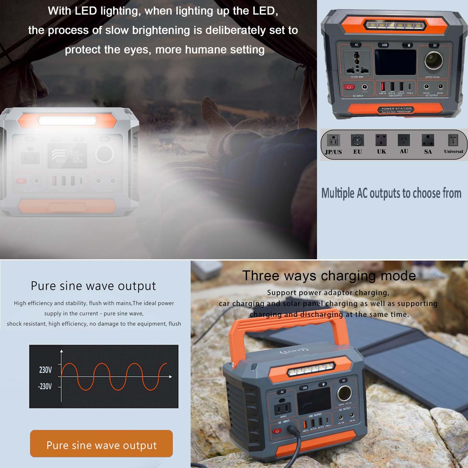 Centrale Électrique Portable 288WH, Générateur Solaire 300W avec Onde Sinusoïdale Pure Batterie De Production D'électricité d'urgence pour Le Camping, Les Voyages
