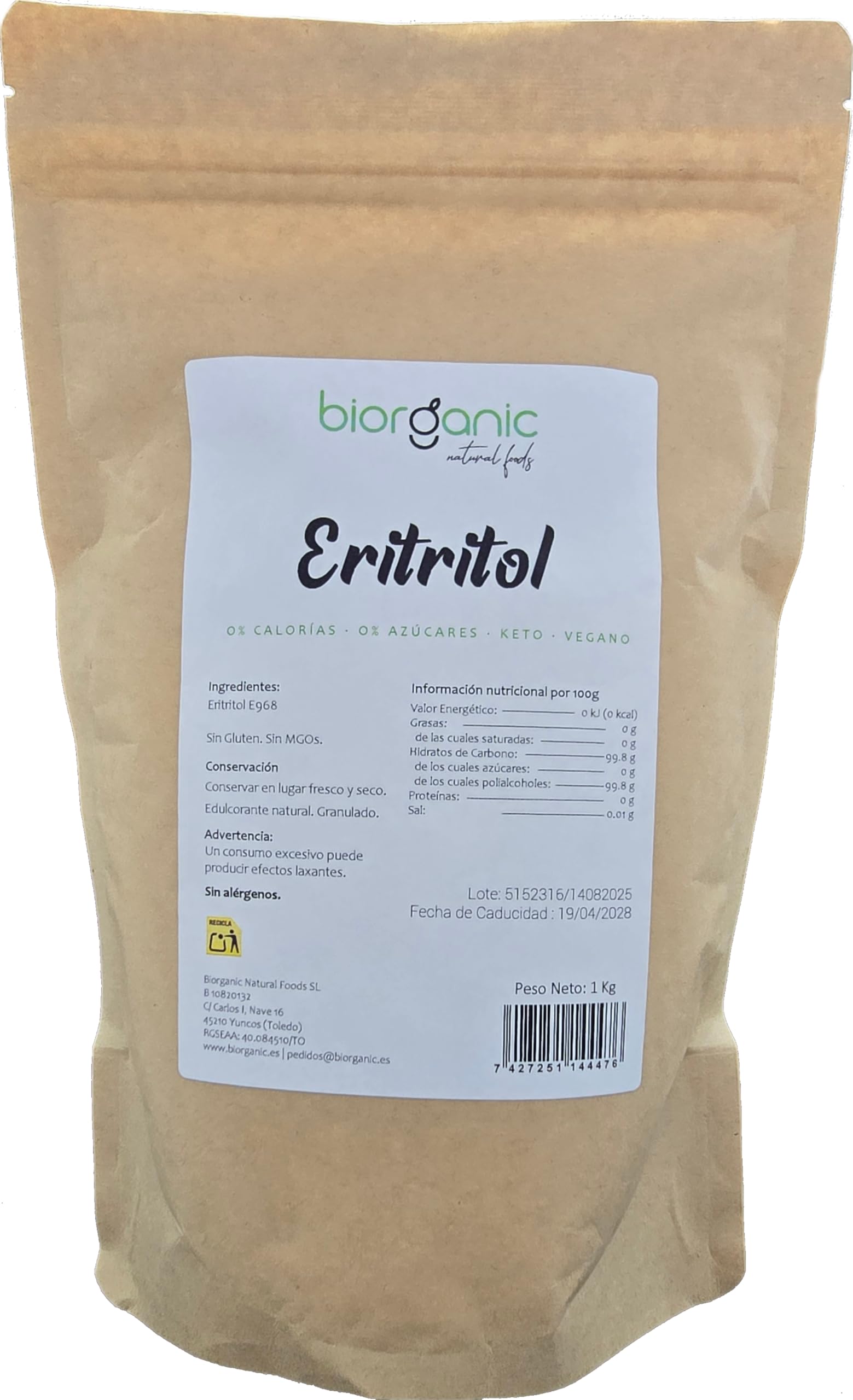 Eritritol 100% natural 5Kg. Pack oferta. KETO. Vegano. Sin MGOs. Edulcorante granulado Cero calorías. Marca española.