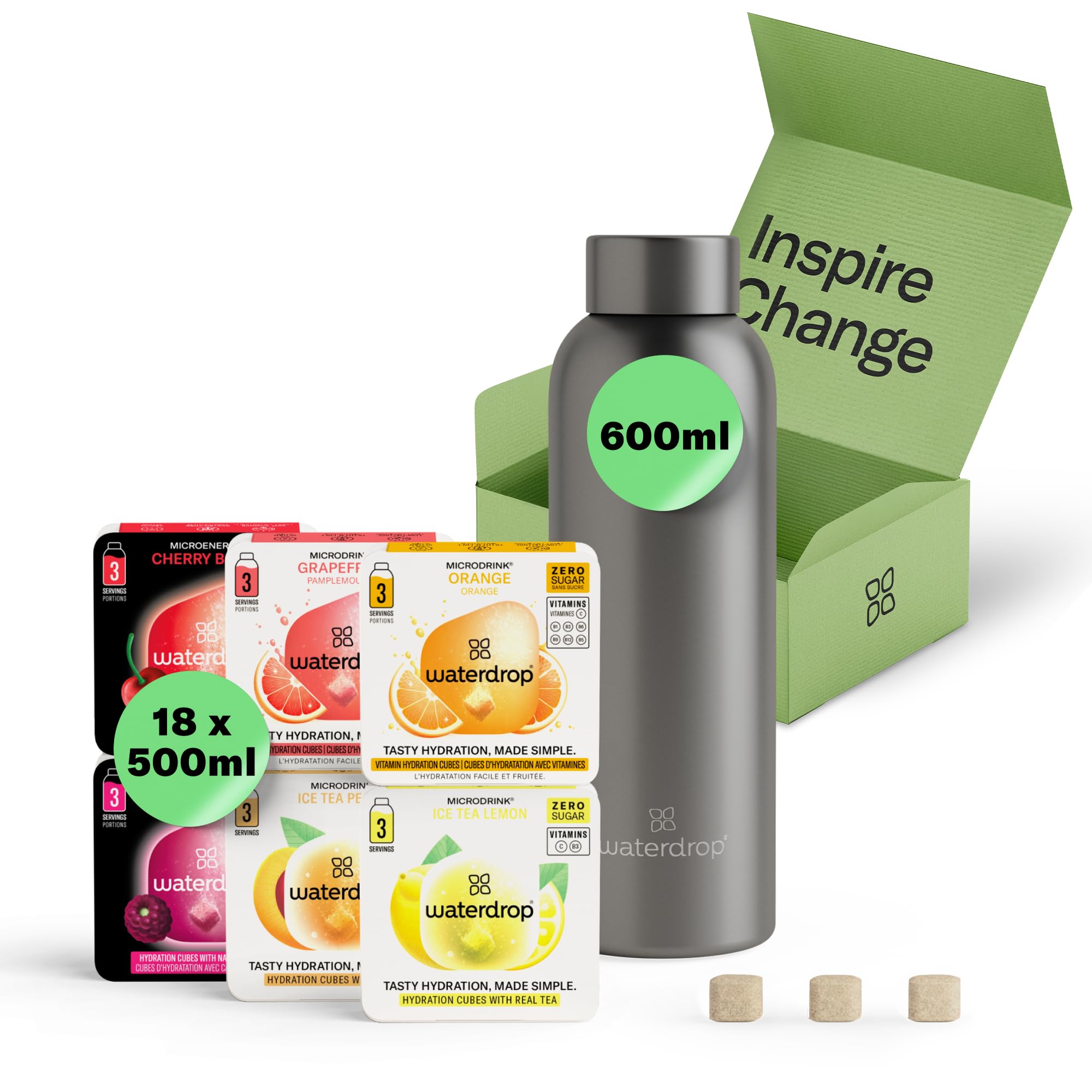 Waterdrop® Starter Set Steel - 600 ml Stainless Steel Bottle + 18 Water Flavouring Hydration Cubes, Vitamin Infused, Sugar Free Microdrink