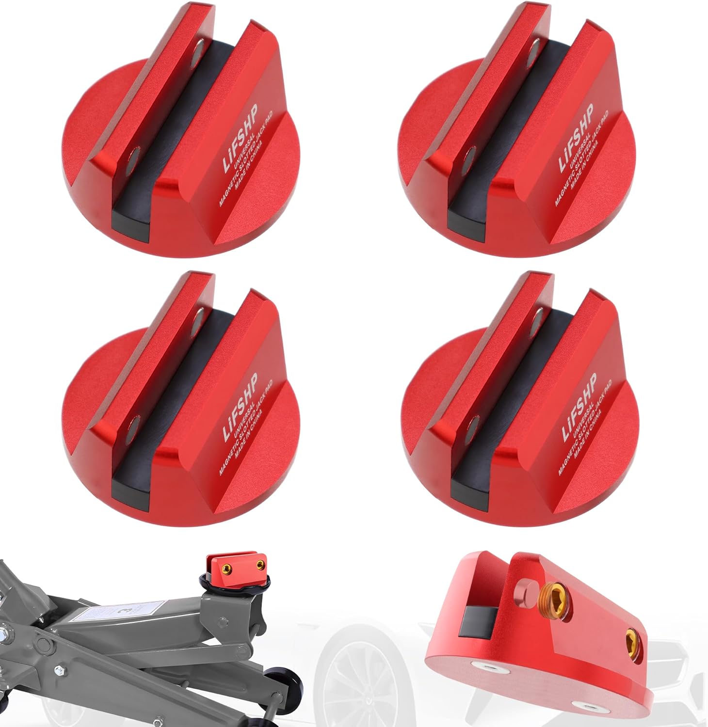 4Pcs Universal Aluminum Grooved Magnetic Jack Pad, Jacking Puck Pinch Weld Frame Rail Adapter, for Car SUV Truck Pickup Sedan MPV Wagon, Change Tire Repair Tires Oil Change Must Have-Red