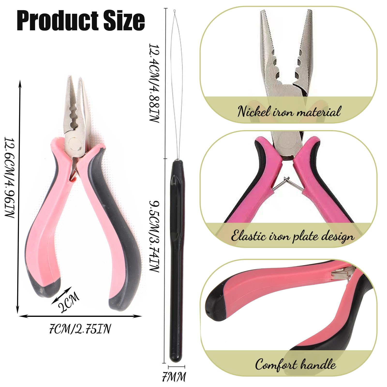 11Pcs Hair Extensions Kit Tools - Pink Pliers and 10 Black Loop Threaders for Styling Accessory, pink,balck - Image 3