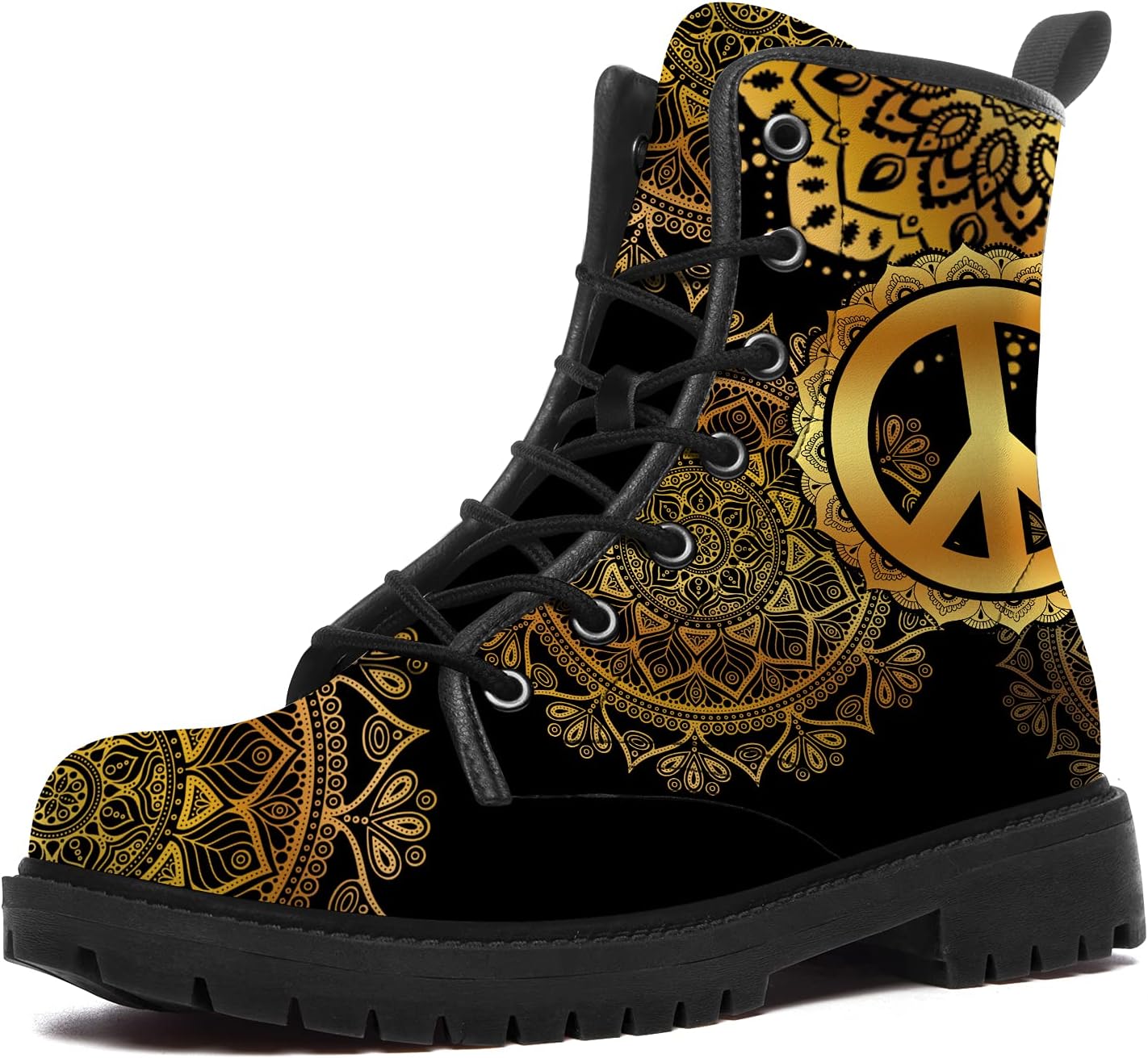 Peace Sign Boots Mens Womens Combat Boots Vegan Leather Lace Up Winter Boots Work Shoes Gifts for Her,Him