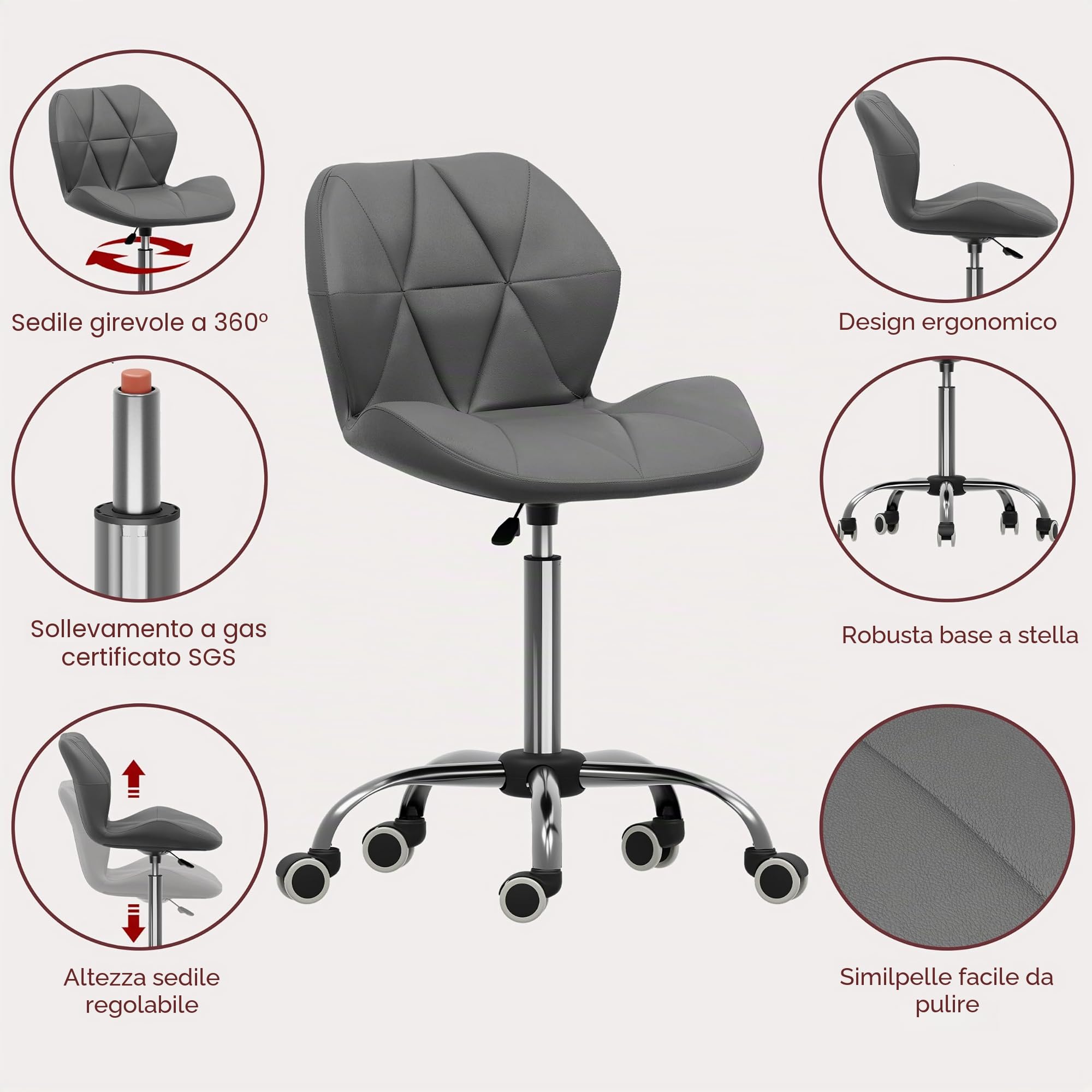 Vida Designs Geo Sedia da Ufficio per Computer, Grigio, Segretario di Gioco Regolabile Gambe Girevoli Sollevabili in Similfinta Pelle Cromata, H 80 96 x W 47.5 x D 49 cm, H 80-96 x L 47,5 x P