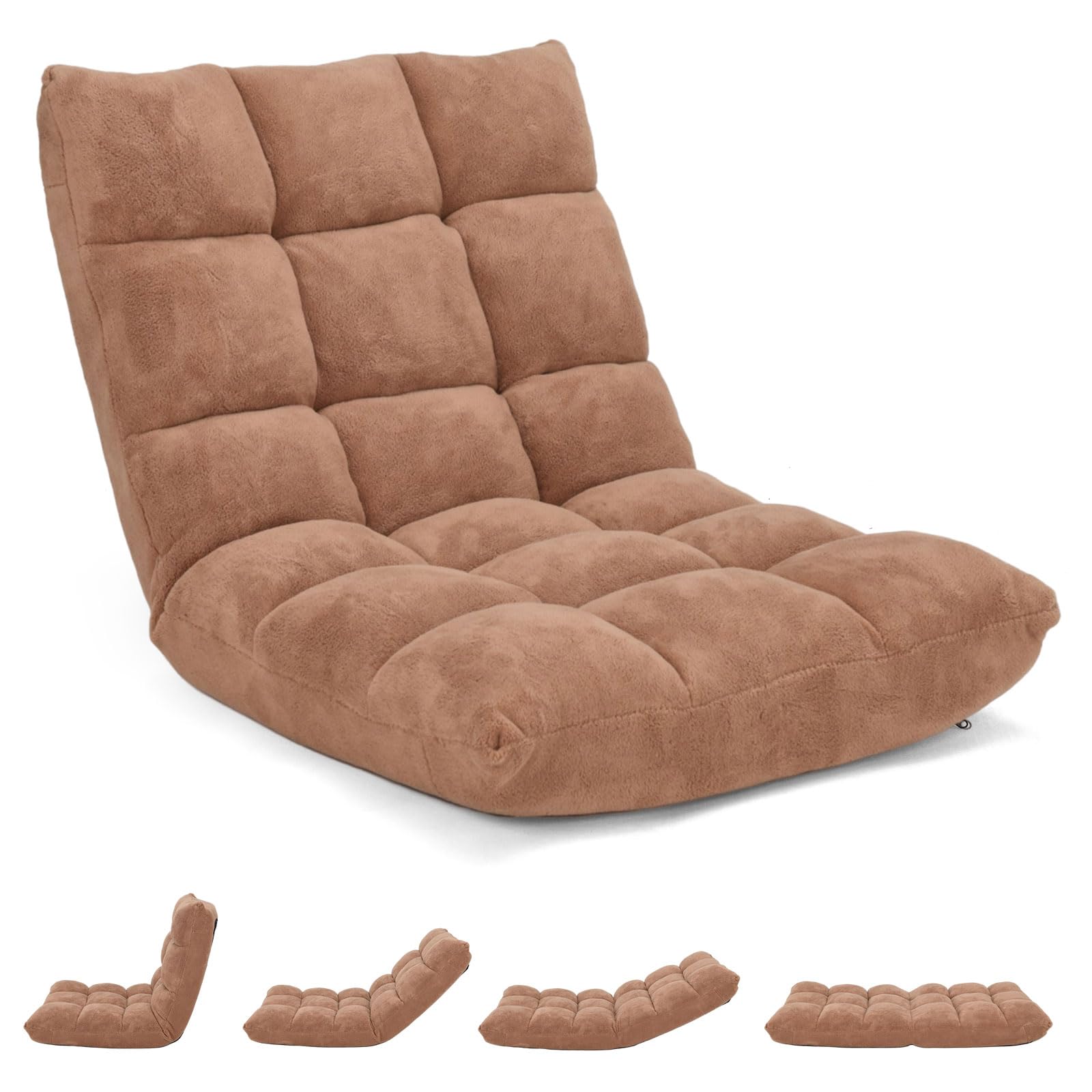 GOPLUS Silla de suelo plegable, sillón convertible ajustable de 14 niveles, sillón perezoso con terciopelo coral cómodo, silla de meditación acolchada, 105 x 56 x 15 cm (Beige)