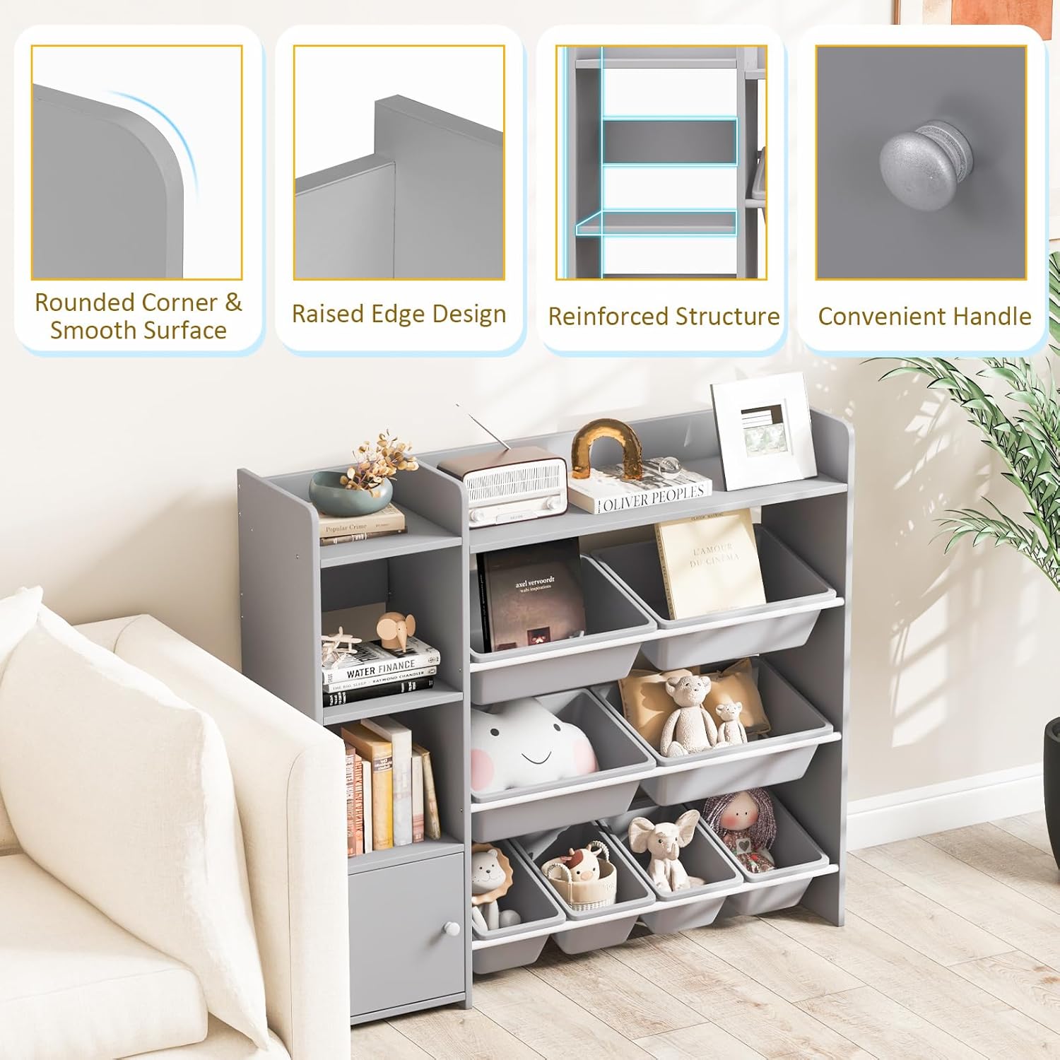 Kids Toy Storage Organizer, 4-Tier Multi-Functional Bookcase w/8 Removable Storage Bins & Large Cabinet, Children Toddler Bookshelf and Toy Organizer for Playroom, Nursery, Daycare (Grey)