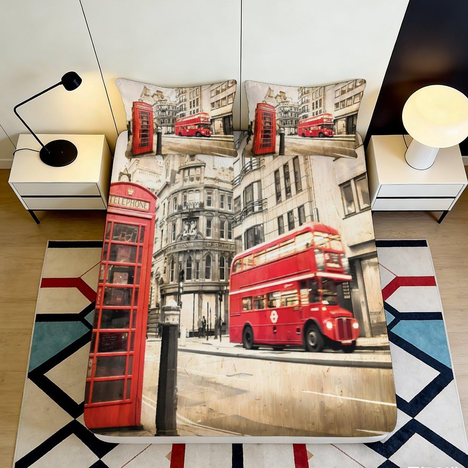 Jqzkxnhpbr Style-8 3D Printed London Bus Fitted Sheet Microfiber Soft Red Telephone Booth Bed Cover For Bedroom Living Room Decor 90X200x25cm