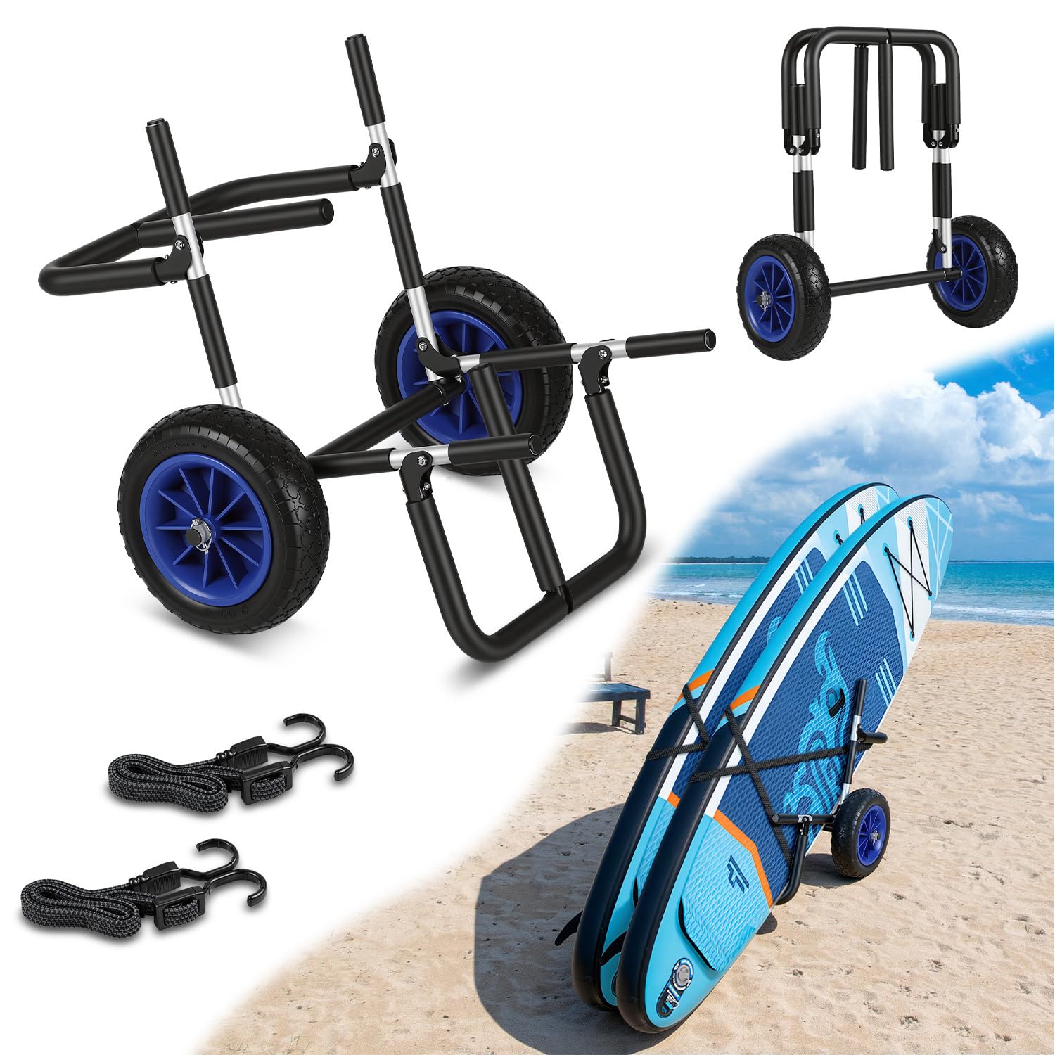 Gimisgu Tavola da surf trolley per SUP Board Stand Up Paddle, pieghevole e imbottita, 59 x 42 x 54 cm, telaio in alluminio, include 2 cinghie per giù