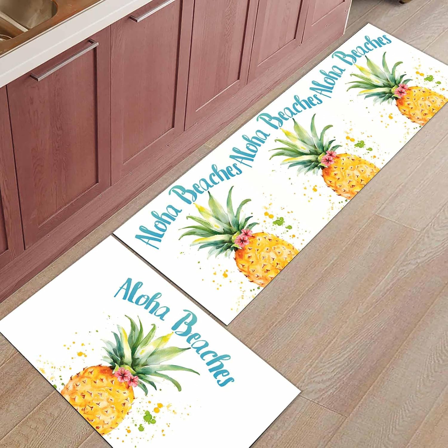 2 Pieces Kitchen Rugs and Mats,Watercolor Yellow Pineapple Flower Area Runner Rug Set Non Slip Floor Doormat Washable Carpet Standing Mat for Kitchen Sink Indoor Corridor,Farmhouse Fruit Painting