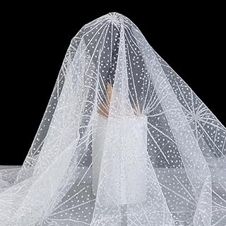 MAYJOYDIY White Star Glitter Tulle Fabric, 59 Inches Wide Sparkly Sheer Netting for Bridal Veil Wedding Decoration, Evening Dresses, Table Runners, Home Accent Pieces
