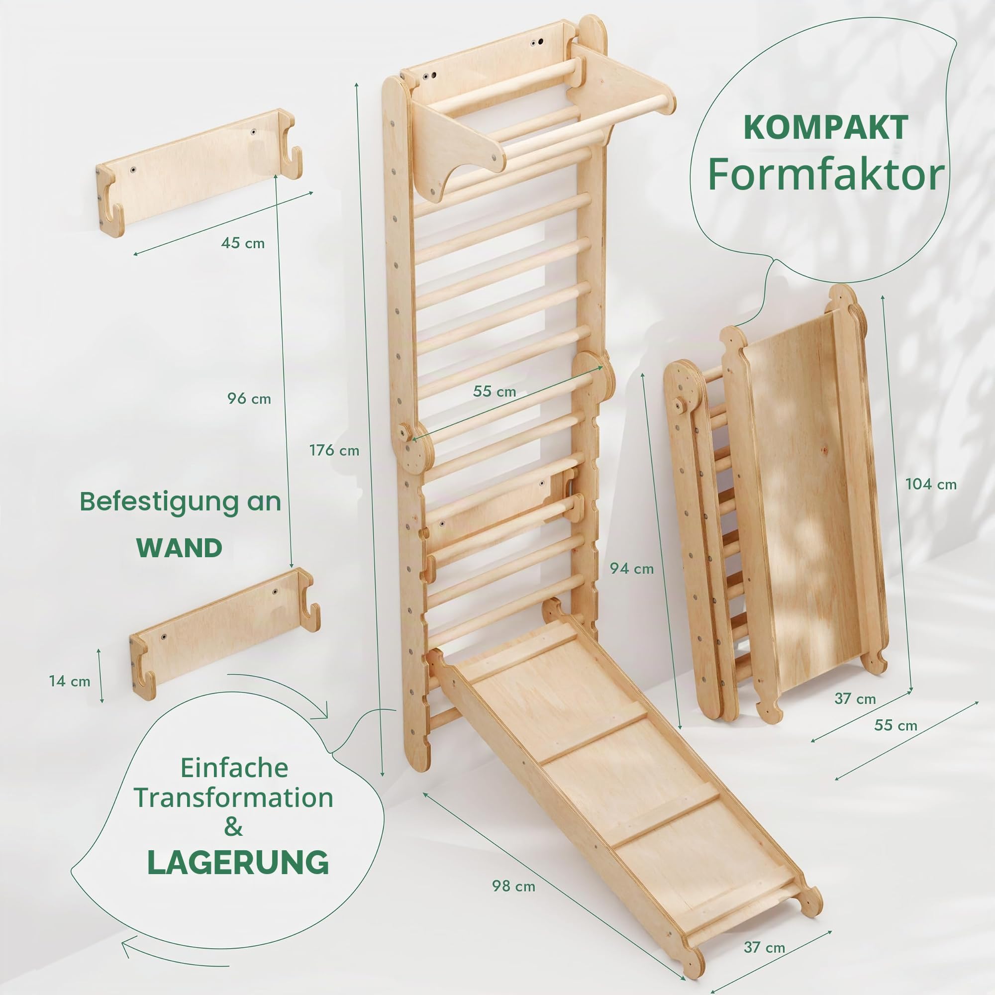 Goodevas Holz Indoor Klettergerüst für Kinder – Montessori Kletterrahmen mit Schwedenwand, Rutsche & Dreieckleiter für Kleinkinder und Kinder 2–12 Jahre