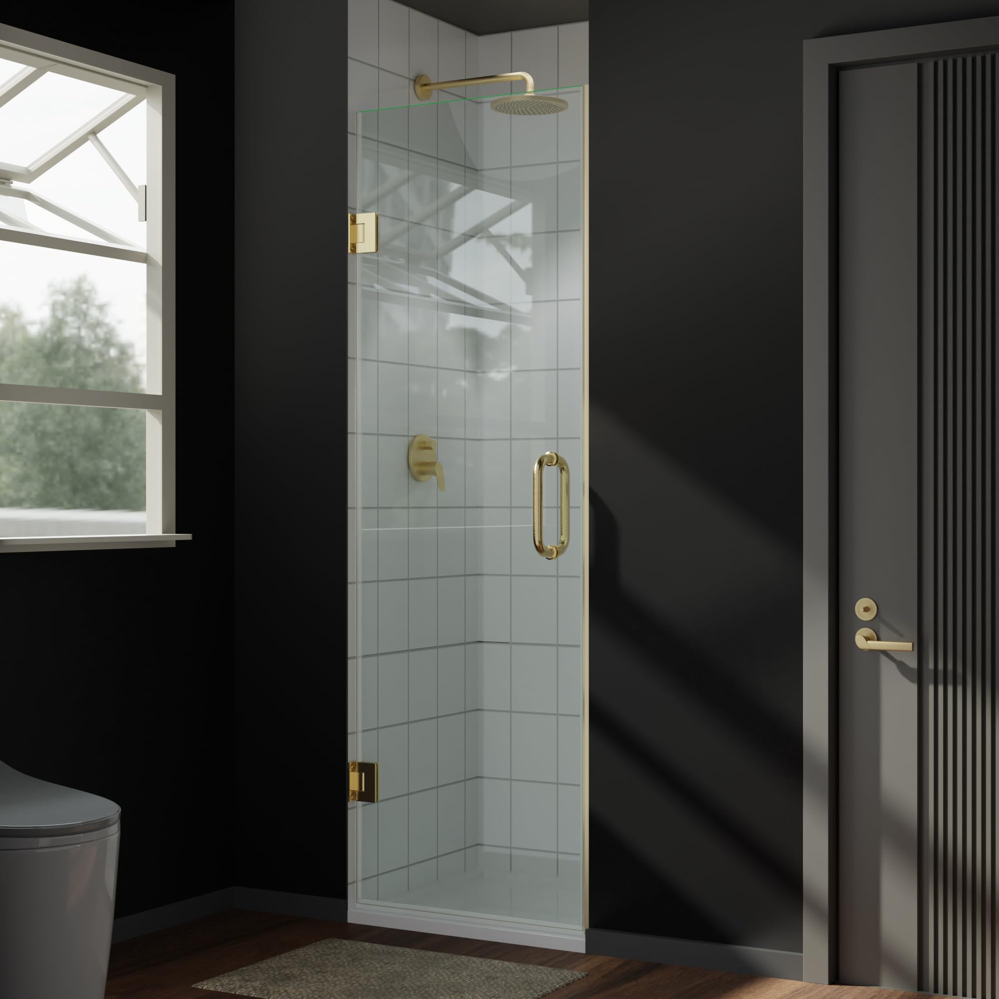 24" W x 72" H Frameless Shower Door, Hinged Single Swing Shower Door with 3/8 in.(10mm) Tempered Glass, Brushed Gold Finish, Reversible Installation