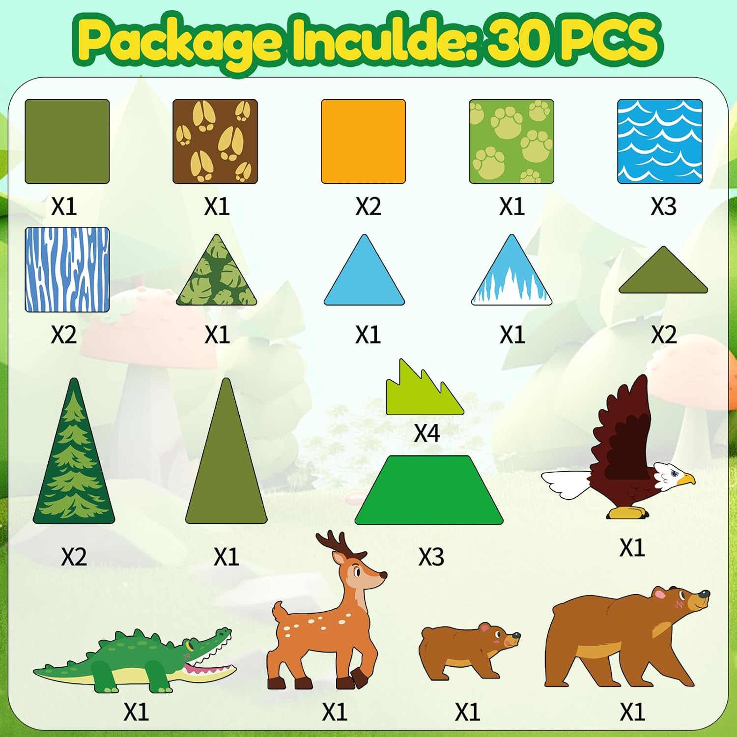 Oriate Magnetic Tiles Fences 18pcs & Magnet Jungle Animals Magnetic Tiles Blocks 30pcs